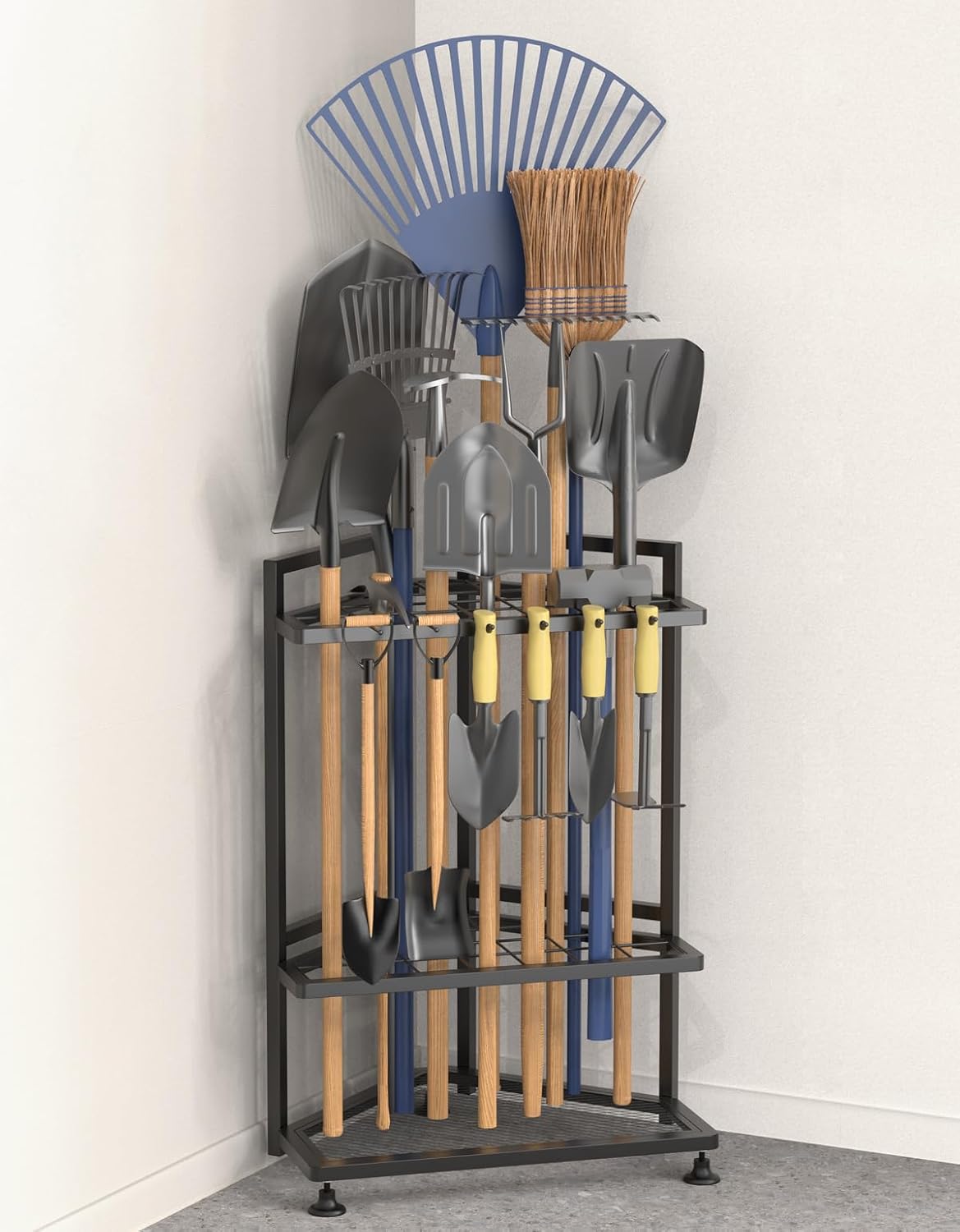 Garden Tool Organizer for Corner, Metal Yard Tool Organizer for Long-Handled Tools/Rakes/Brooms, Side Garden Pocket, Heavy Duty Steel Yard Tool Storage Rack for Garage, Shed, Outdoor