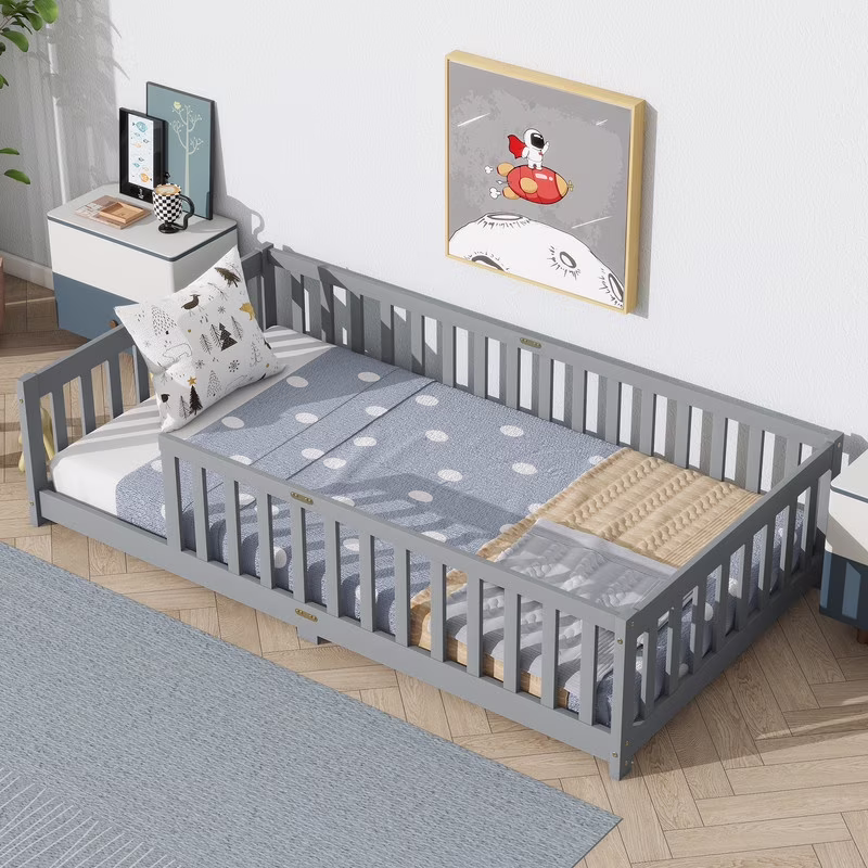 Bellemave Twin Size Floor Beds, Wood Montessori Bed with Fence Railings & Support Slats, No Box Spring Needed (Gray