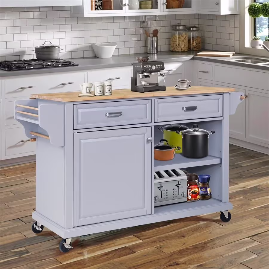 Rolling Kitchen Island with Storage, Utility Kitchen Trolley with Drop-Leaf Countertop, Mobile Kitchen Cart with 2 Drawers, 2 Cabinets and Adjustable Shelves for Dining Room, Kitchen(Gray)