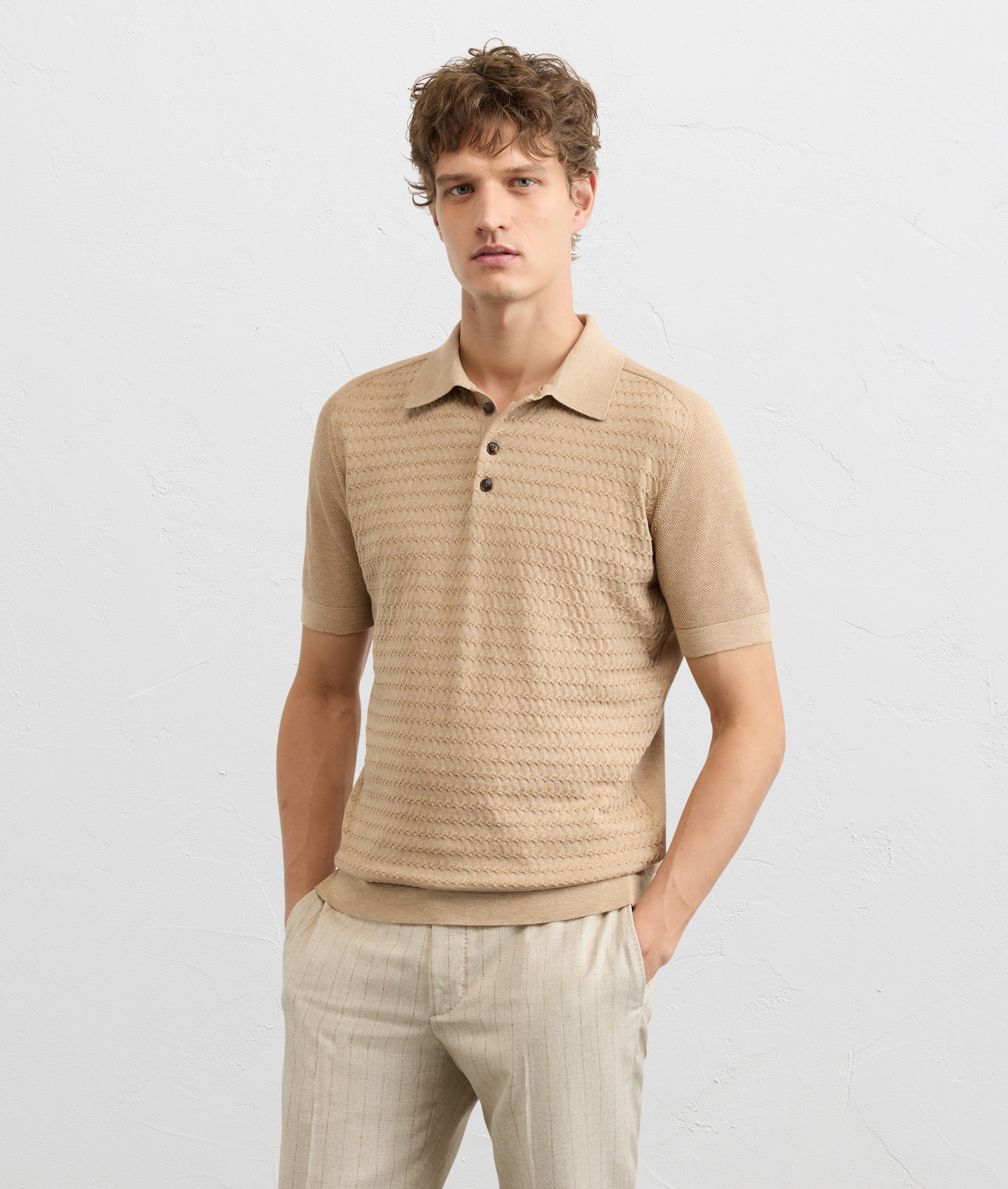 LIGHT BROWN COTTON RAGLAN SHORT SLEEVED POLO SHIRT WITH CROSS STITCH