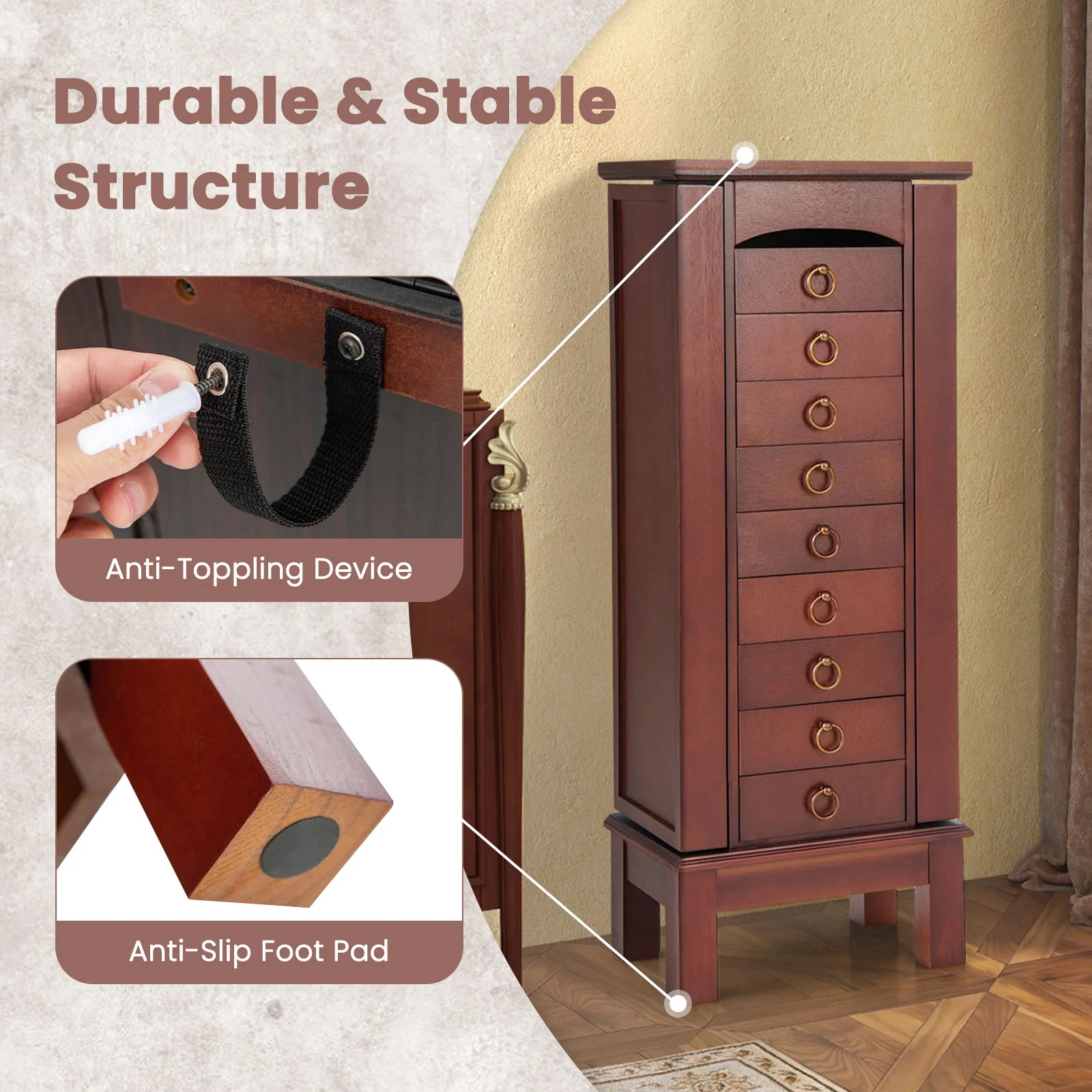 Wood Jewelry Cabinet Armoire Storage Box Chest Stand Organizer Indoor Bedroom - Image 9