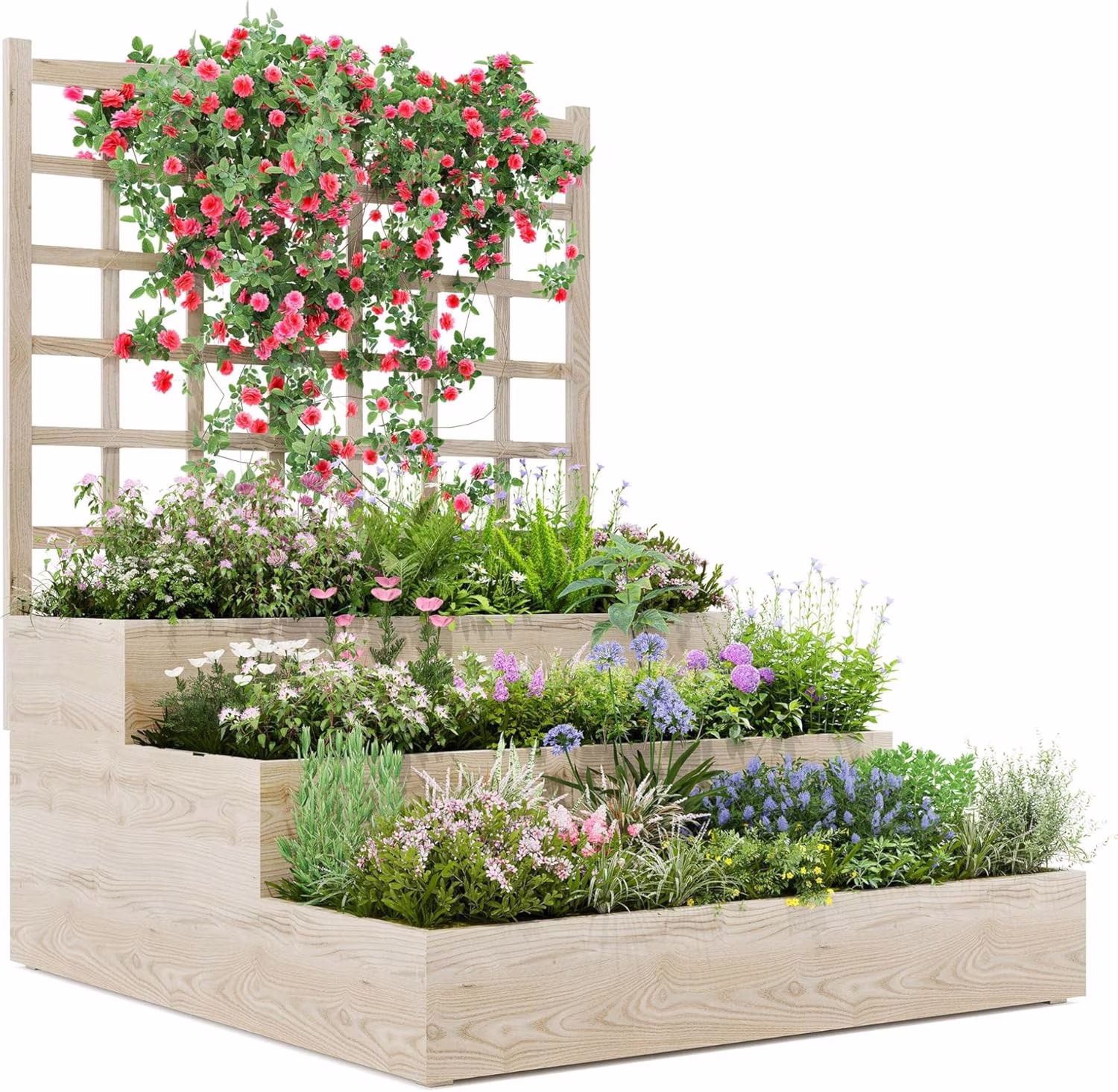 Large Raised Garden Bed with Trellis,3 Tier Standing Planter Box with  Open-Base,Outdoor Elevated Garden Trellis for Vine Climbing, Flower Vegetable Fruit Herb Growing