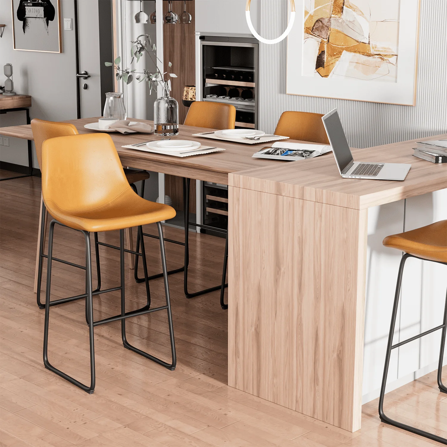 Homall Barstools High PU Leather Counter Bar Stool With Back and Footrest Set of 2, Light Brown(Black)