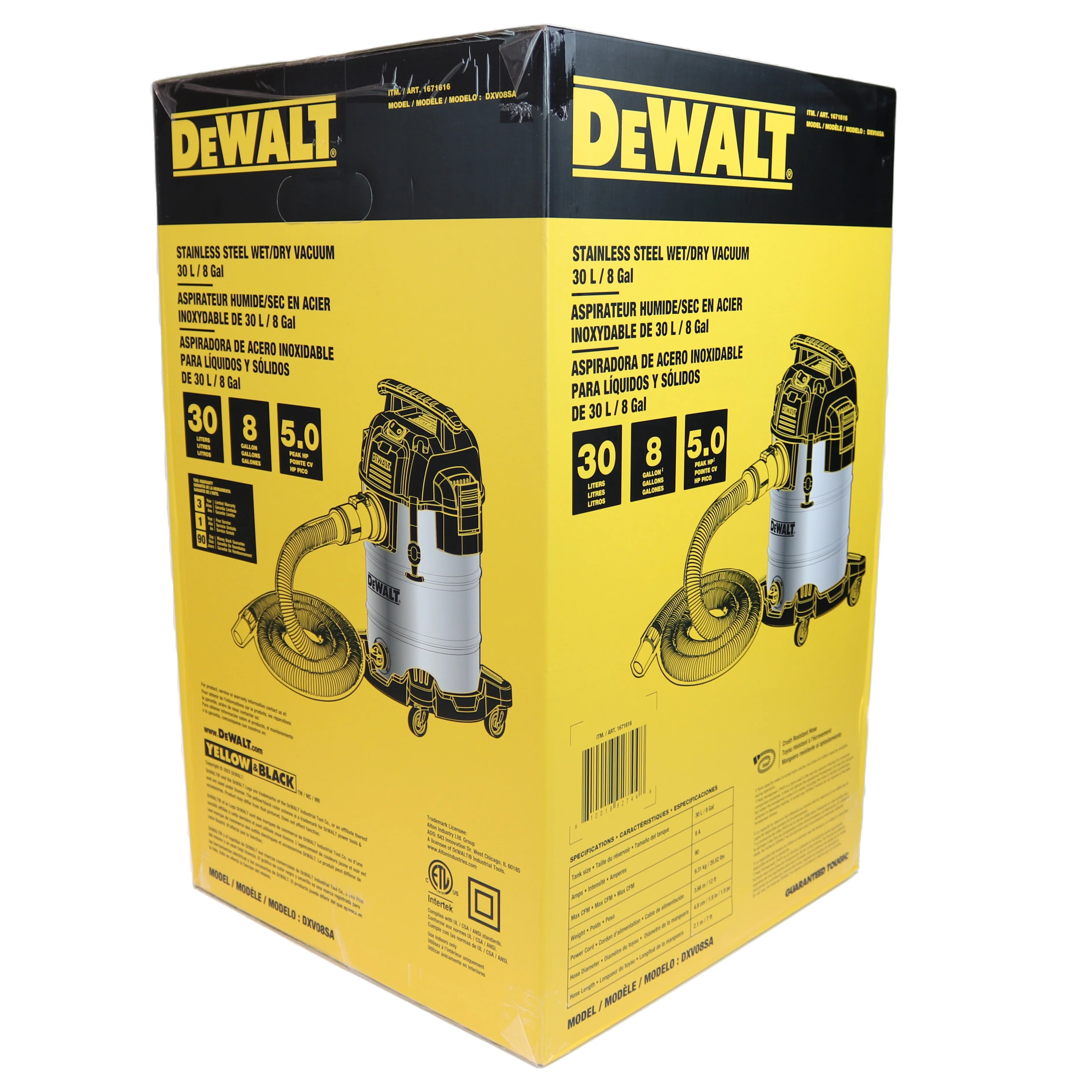 Dewalt DXV08SA Stainless Steel Wet/Dry 8 - Gallon 5 HP Vacuum (Retail)