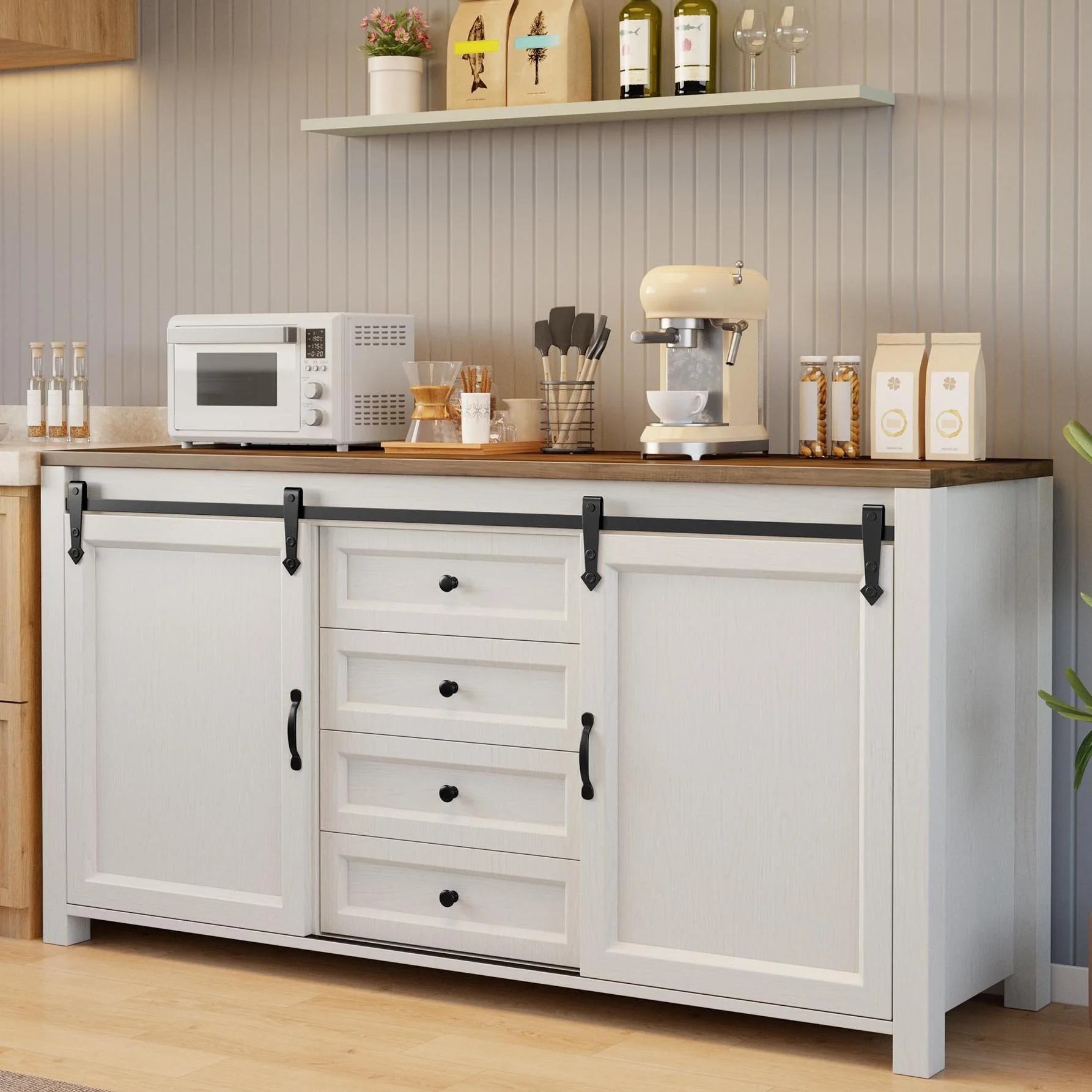 Coffee Bar Cabinet, 60" Buffet Cabinet with Storage, 2 Sliding Barn Doors 4 Drawers for Kitchen, White + Rustic Brown(Single) - Image 6