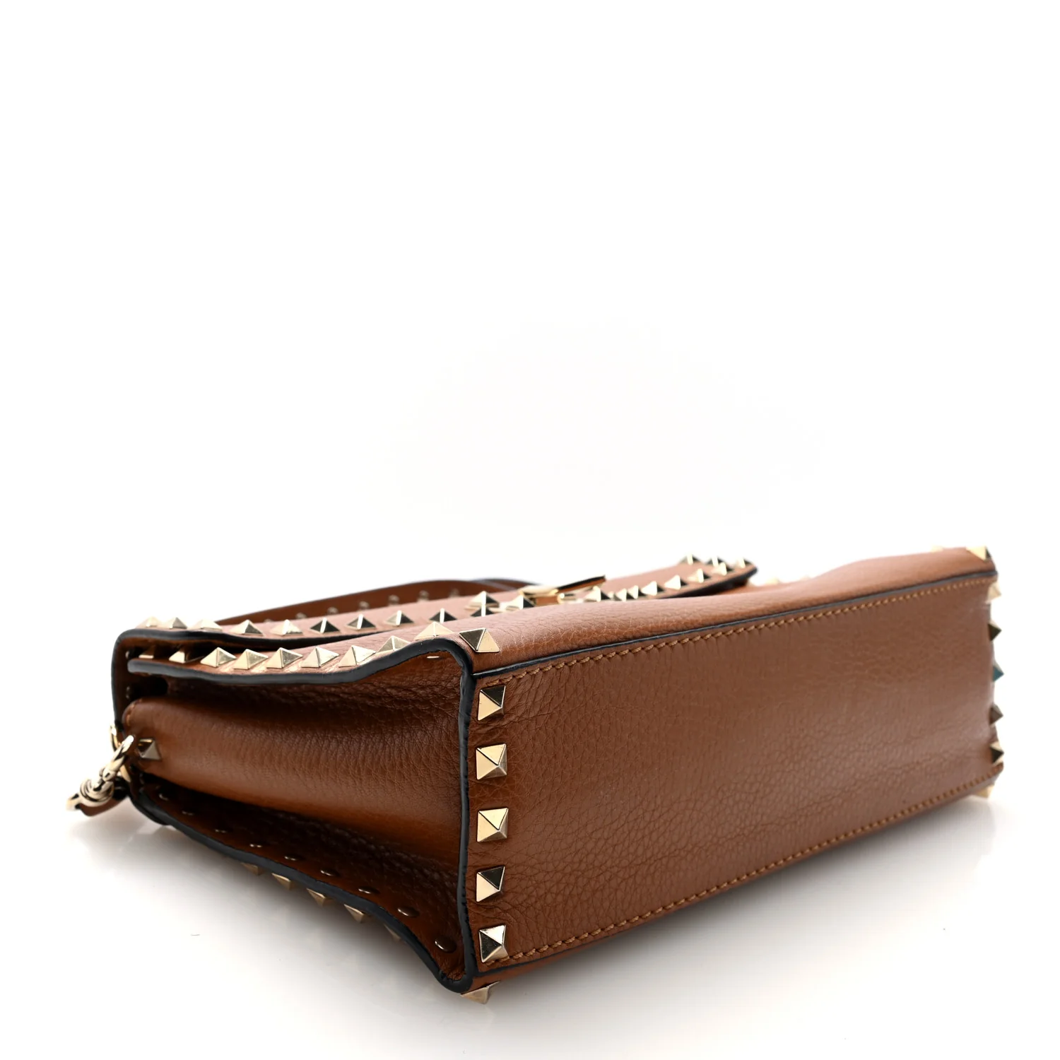 Pebbled Calfskin Rockstud Flip Lock Top Handle Bag Cognac