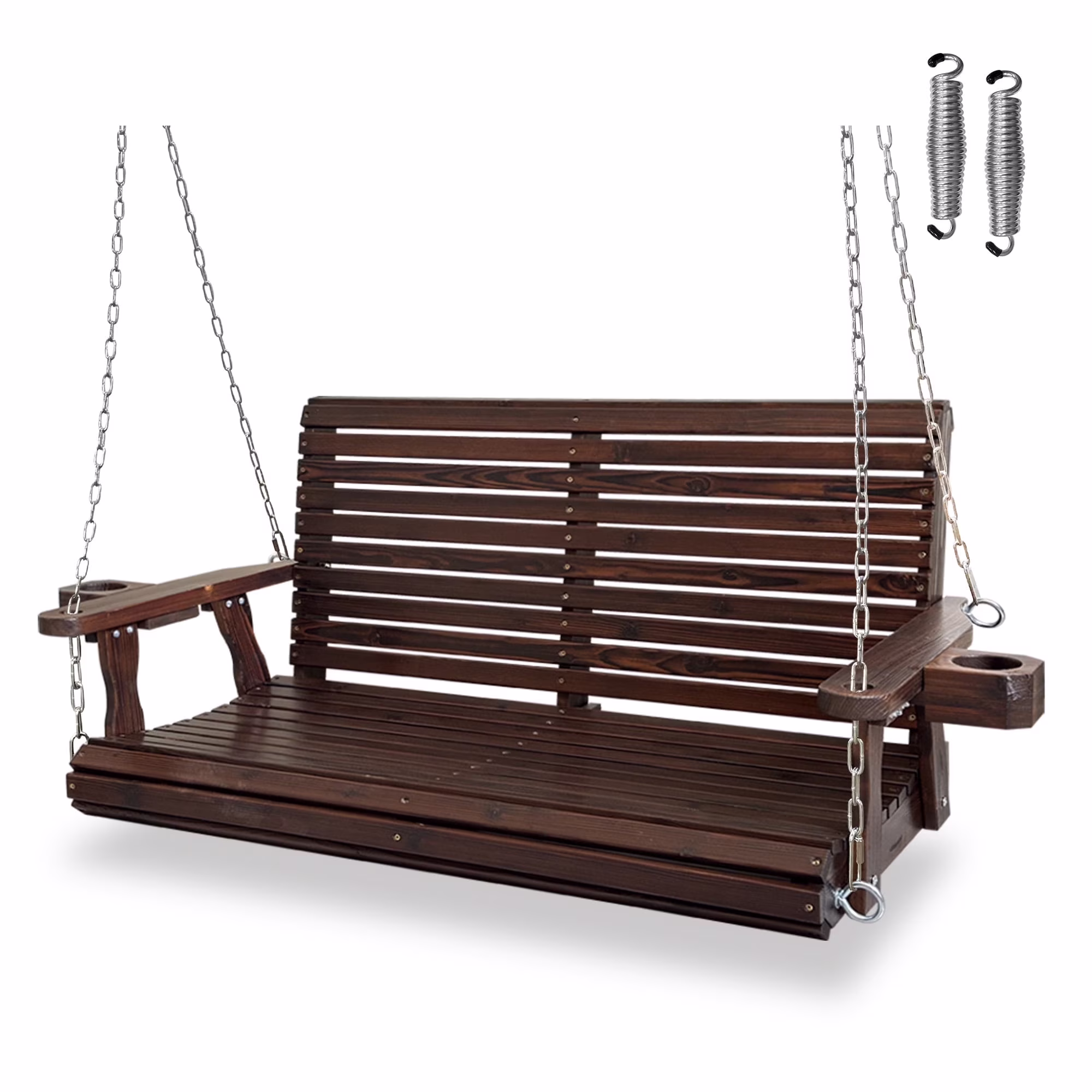 5 Ft Outdoor Wooden Porch Swing with Cupholders, Heavy Duty 880 LBS For 3 Person,All-Weather resistant, White(White/3-Person) - Image 5