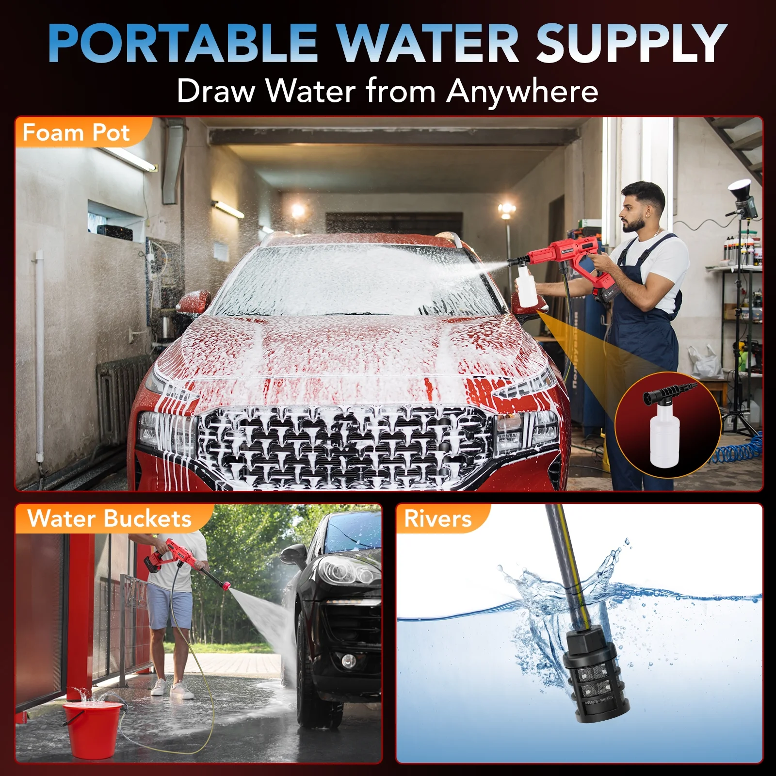 1060PSI Cordless Pressure Washer, Portable Handheld High-Pressure Car Washer with 5.0Ah Long-Lasting Battery, 3-Speed Adjustable, 2.8GPM, 6-in-1 Nozzle for Car Cleaning/Garden/Floor(Red) - Image 6