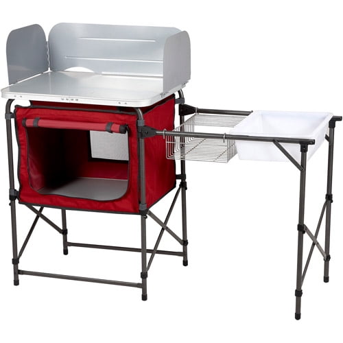 Trail Deluxe Camping Kitchen with Storage. Silver and Red. 31 Height x 13 width x 8.25 length