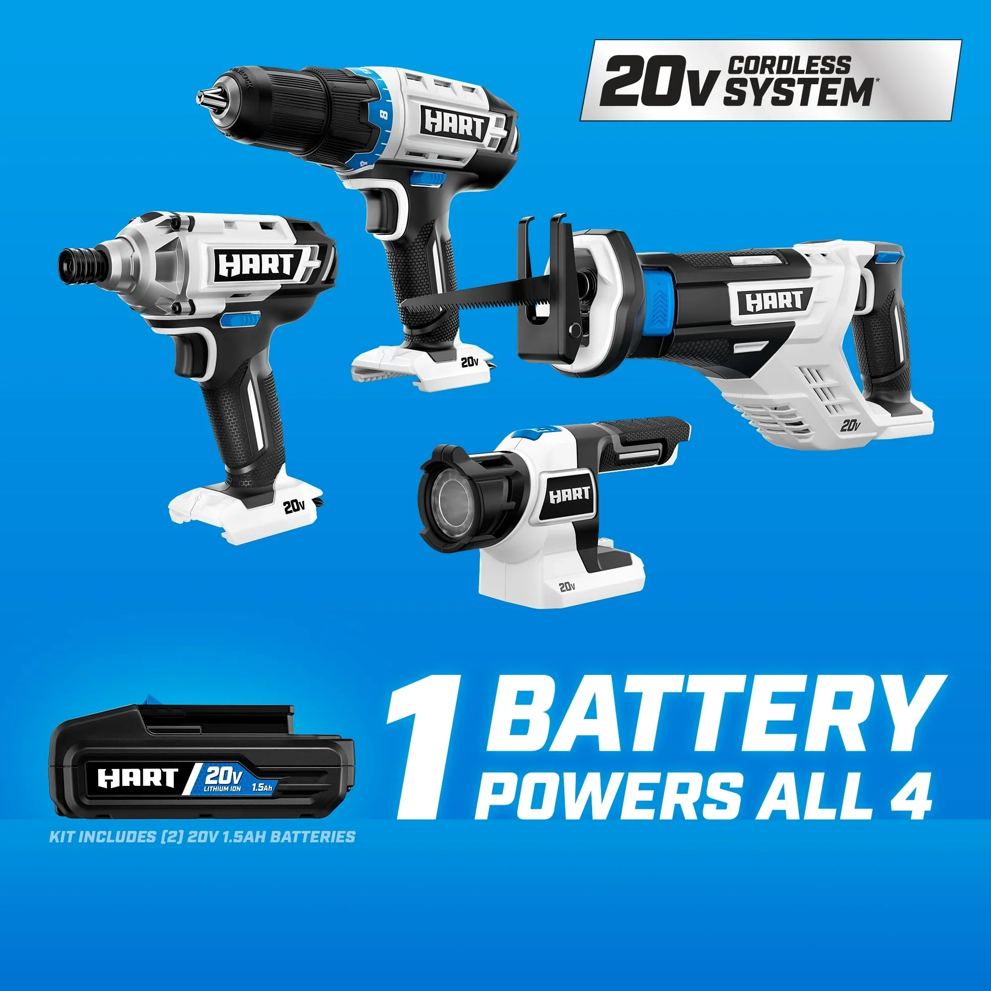 HART 20 Volts 4-Tool Battery-Powered Combo Kit, (2) 1.5Ah Lithium-Ion Batteries