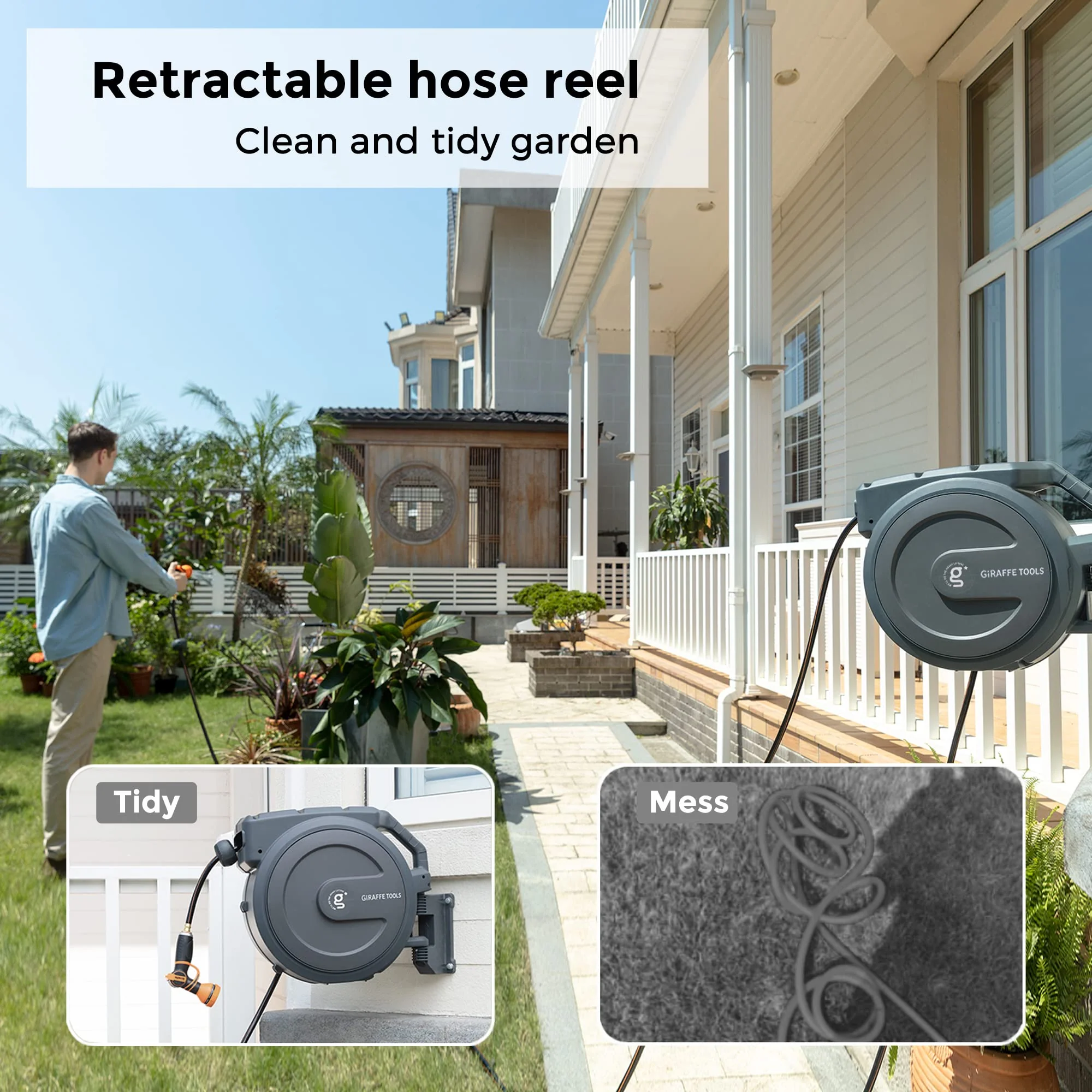 Giraffe Tools Retractable Garden Hose Reel 1/2 Inch x 130 ft