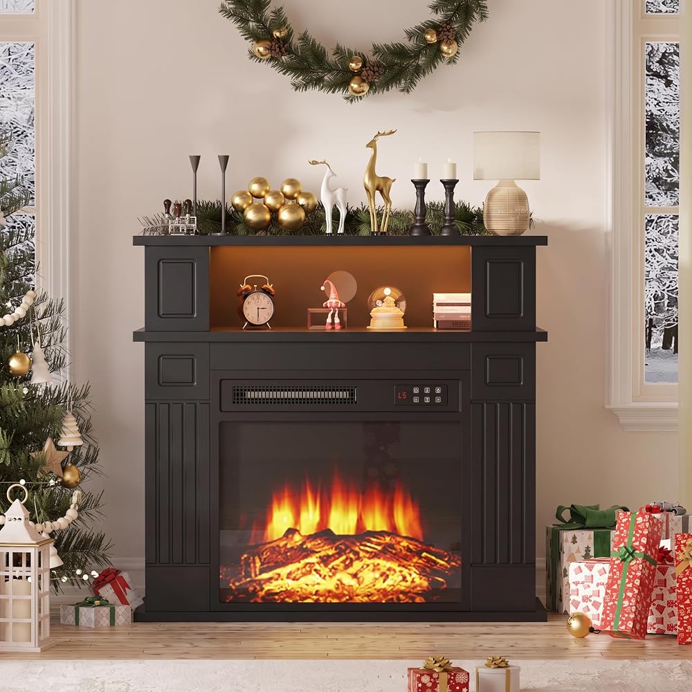 PRETZI 28" Electric Fireplace with Mantel, Small Cabinet with 18" Insert
