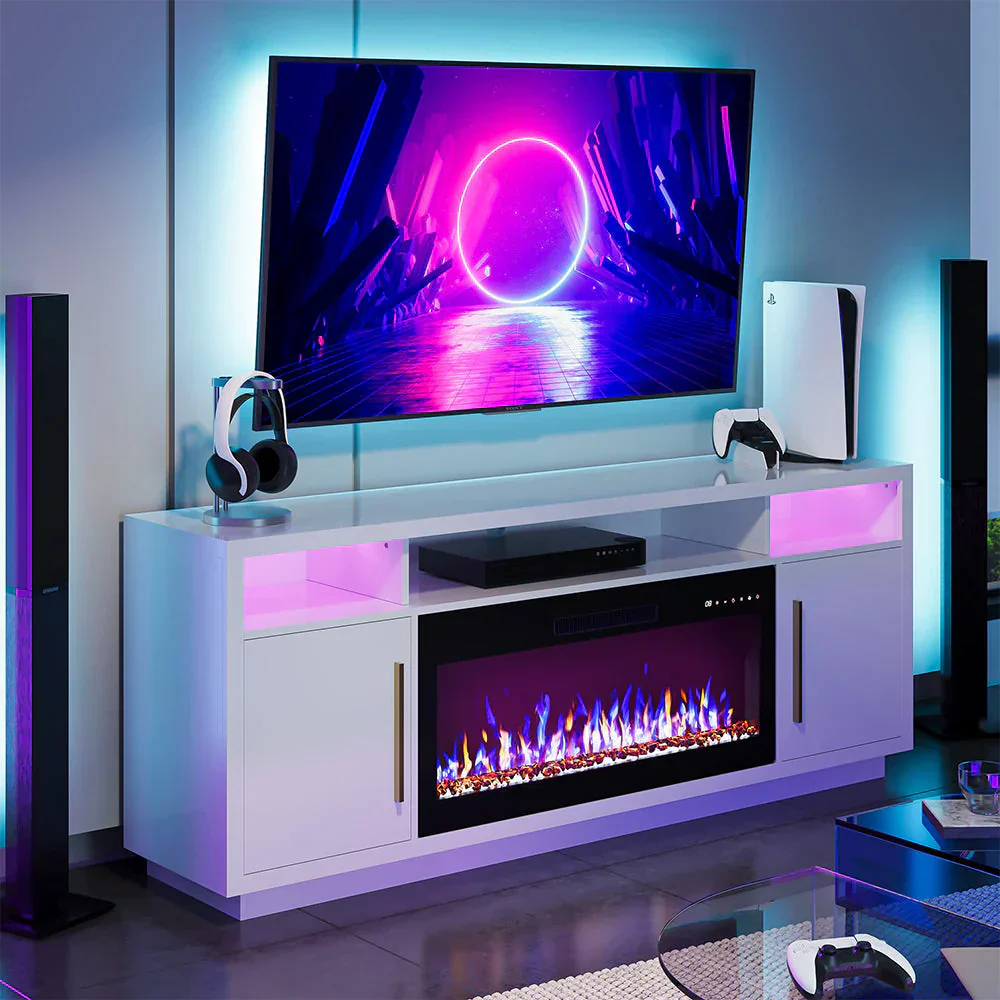 Meuble TV avec cheminée de 70 pouces pour téléviseurs jusqu'à 75 pouces, meuble de rangement, console multimédia pour salon
