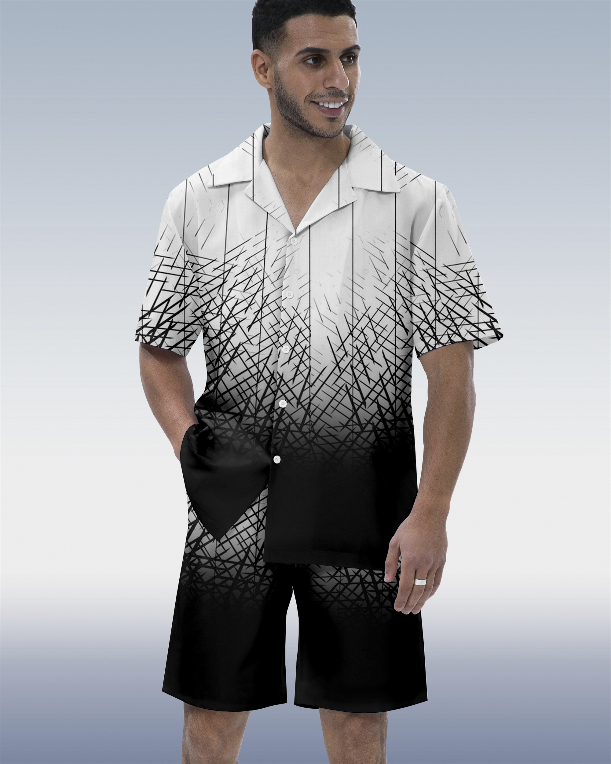 Ensemble chemise homme à manches courtes, col cubain, motif géométrique hawaïen colorblock 04