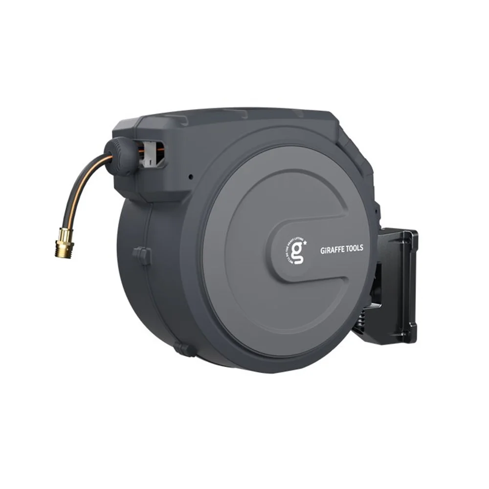 Giraffe Tools Retractable Garden Hose Reel with 1/2in-100ft Water Hose, Plastic Bracket, Wall Mounted, Dark Grey