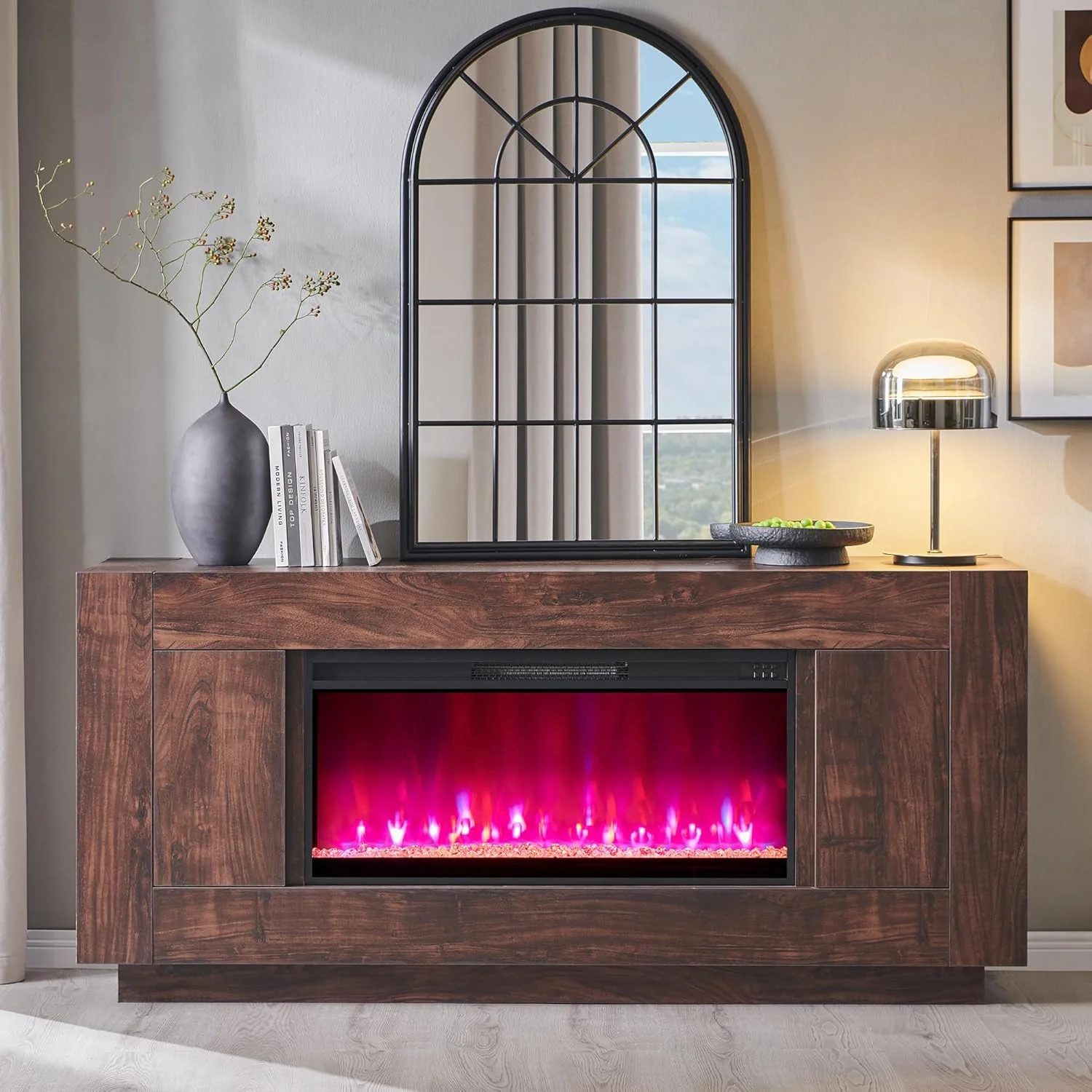 Meuble TV moderne OKD avec cheminée électrique de 91 cm (36 pouces) et centre de divertissement intégré