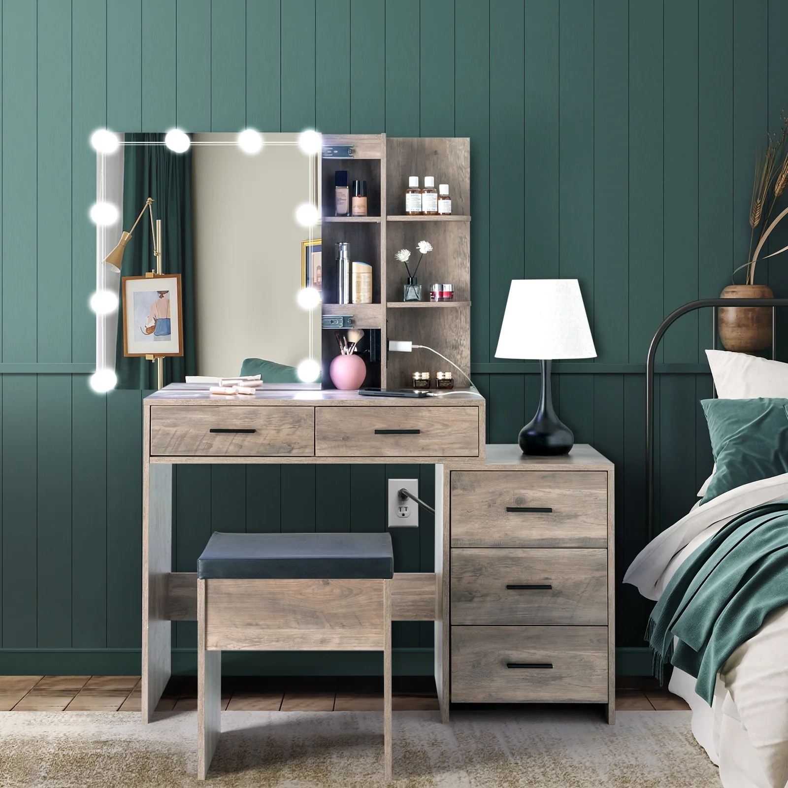 Vanity Set with 3 Color Lighted Mirror Charging Station, Makeup Table with 3 Storage Shelves Drawers, Dressing Table Makeup Desk with Stool,Retro Gray(Type1) - Image 7