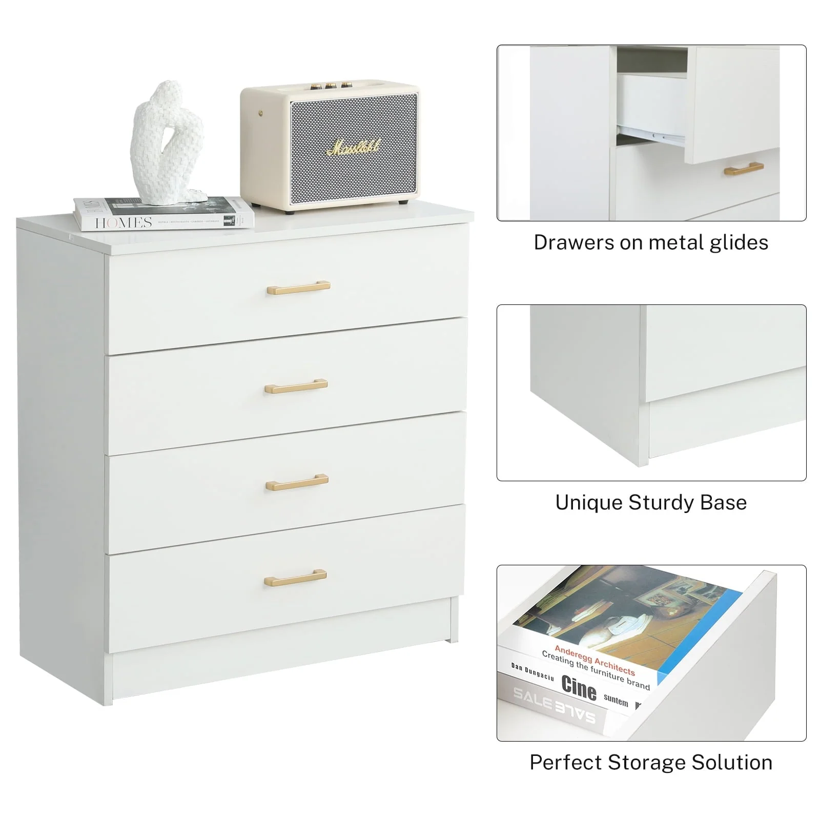 White 4 Drawer Wood Dressers for Bedroom(4 Drawer/Black) Image 4