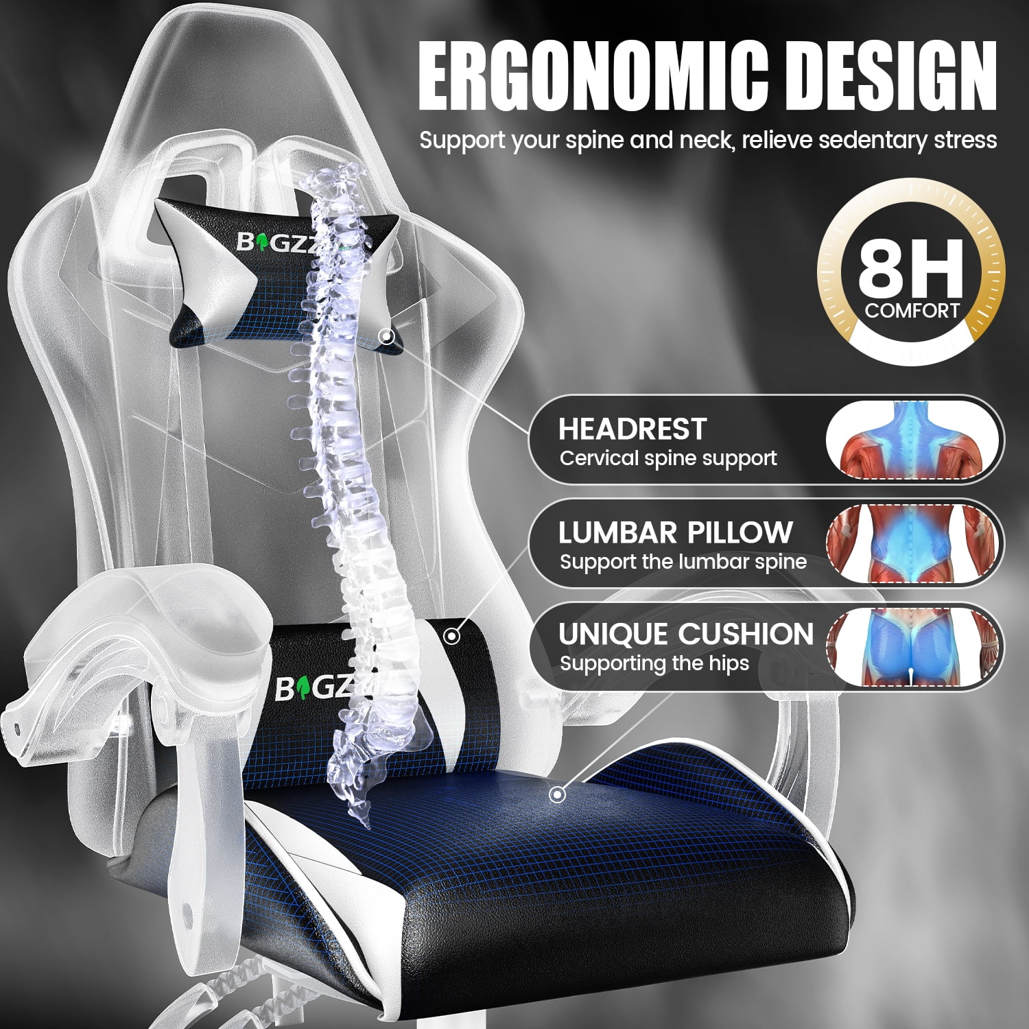 Gaming Chair Office Chair, Ergonomic Game Chair with Height Adjustable Headrest and Lumbar Support for Adults Teens, Black White(Black White) - Image 6