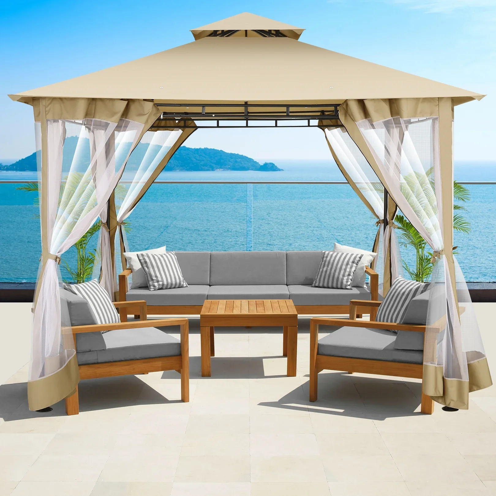 SANOPY 10' x 10' Gazebos for Patios, Gazebo Canopy with 4 Mosquito Netting, Rainproof & Sunscreen Shelter Tent with Double Eaves for Garden Backyard and Deck