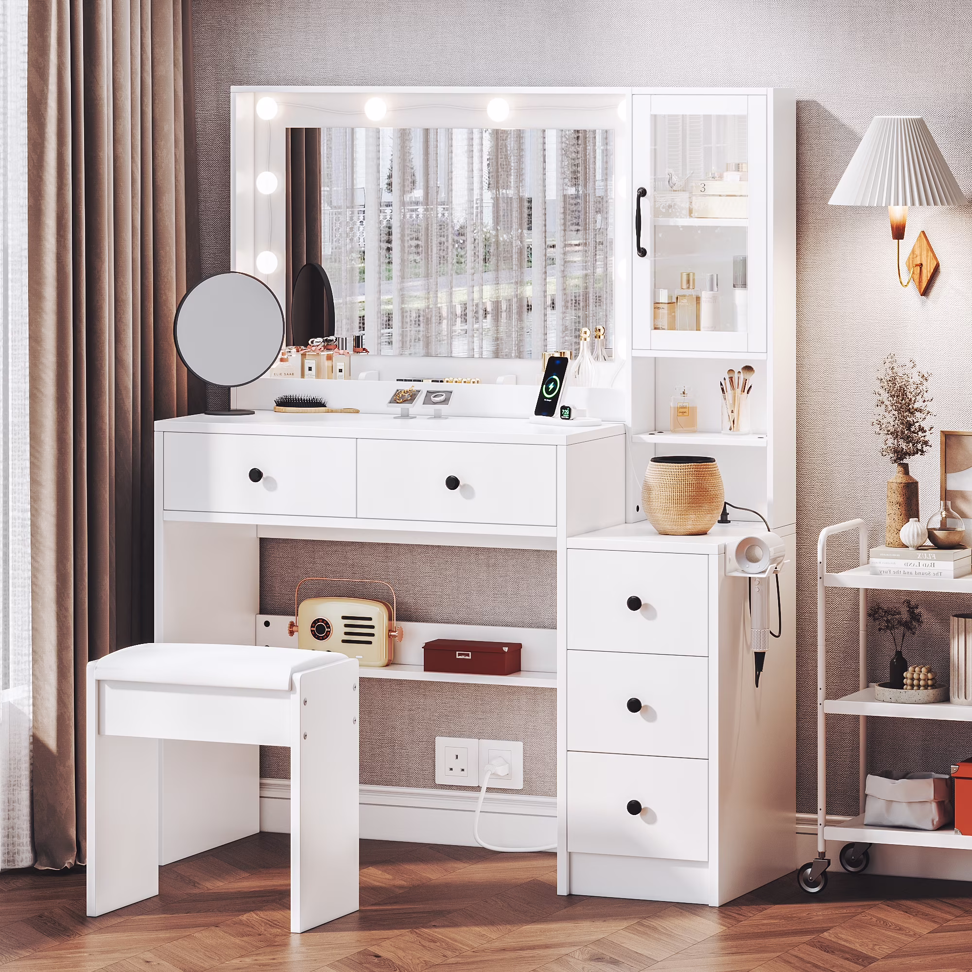 58.3" White Vanity Desk with Mirror, Adjustable Lighting, Power Outlet, Drawers, with Stool(58.3 Inch White) - Image 3