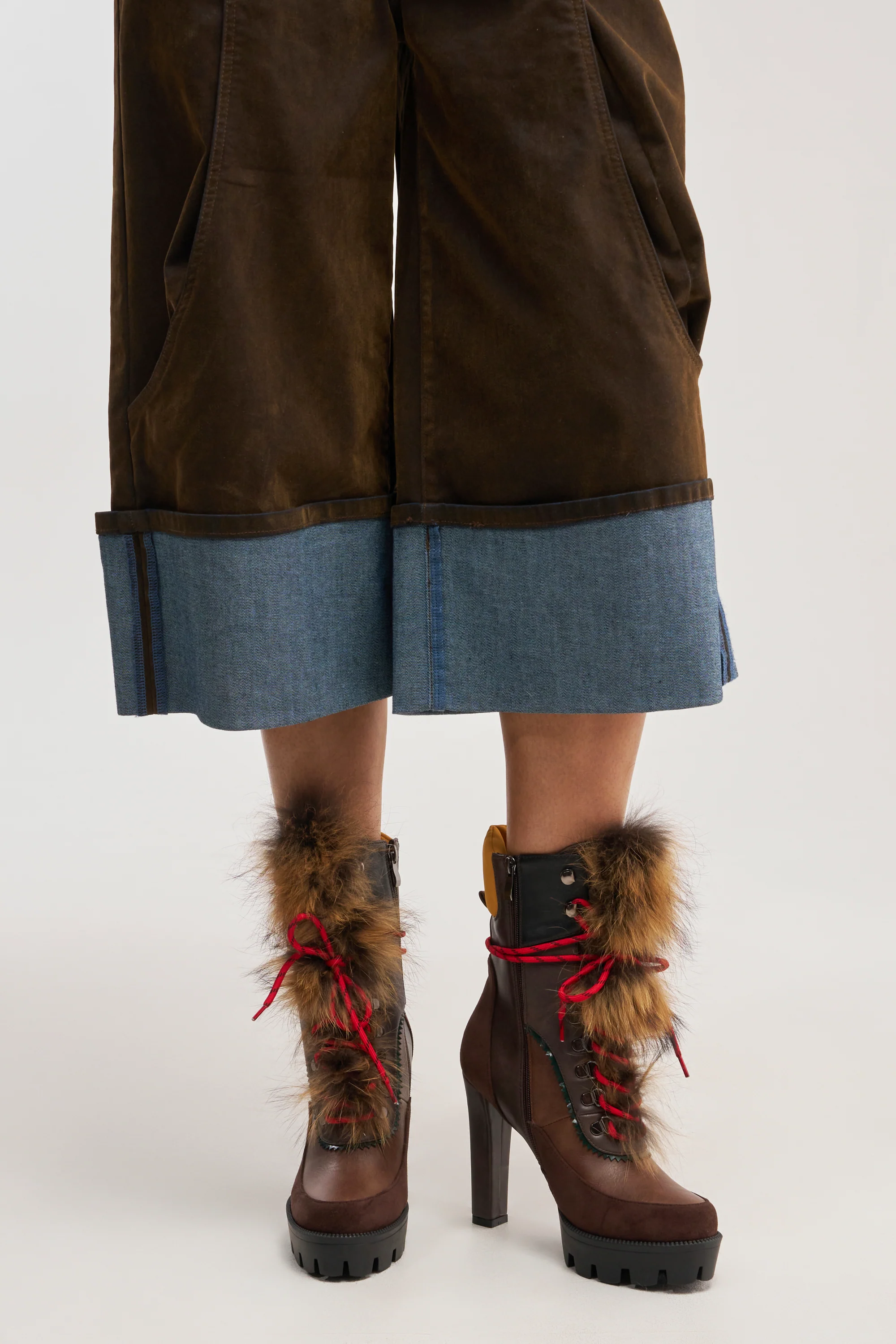 AKIRA GOLD SNUG BROWN MULTI FUR COMBAT BLOCK HEEL - Akira Store