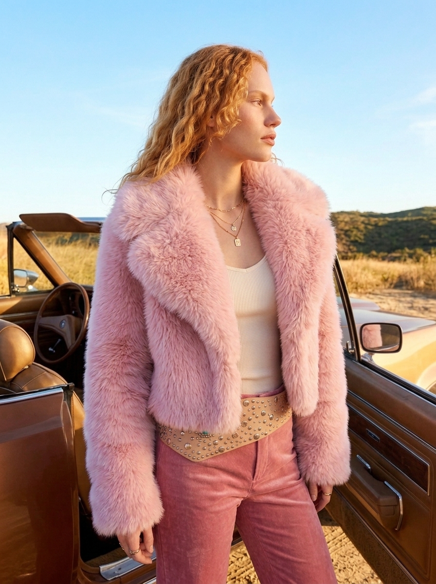 Stanetco Women's Short Faux Fur Coat - Cropped Fluffy Winter Jacket, Elegant White Shaggy Outerwear with Lapel Collar