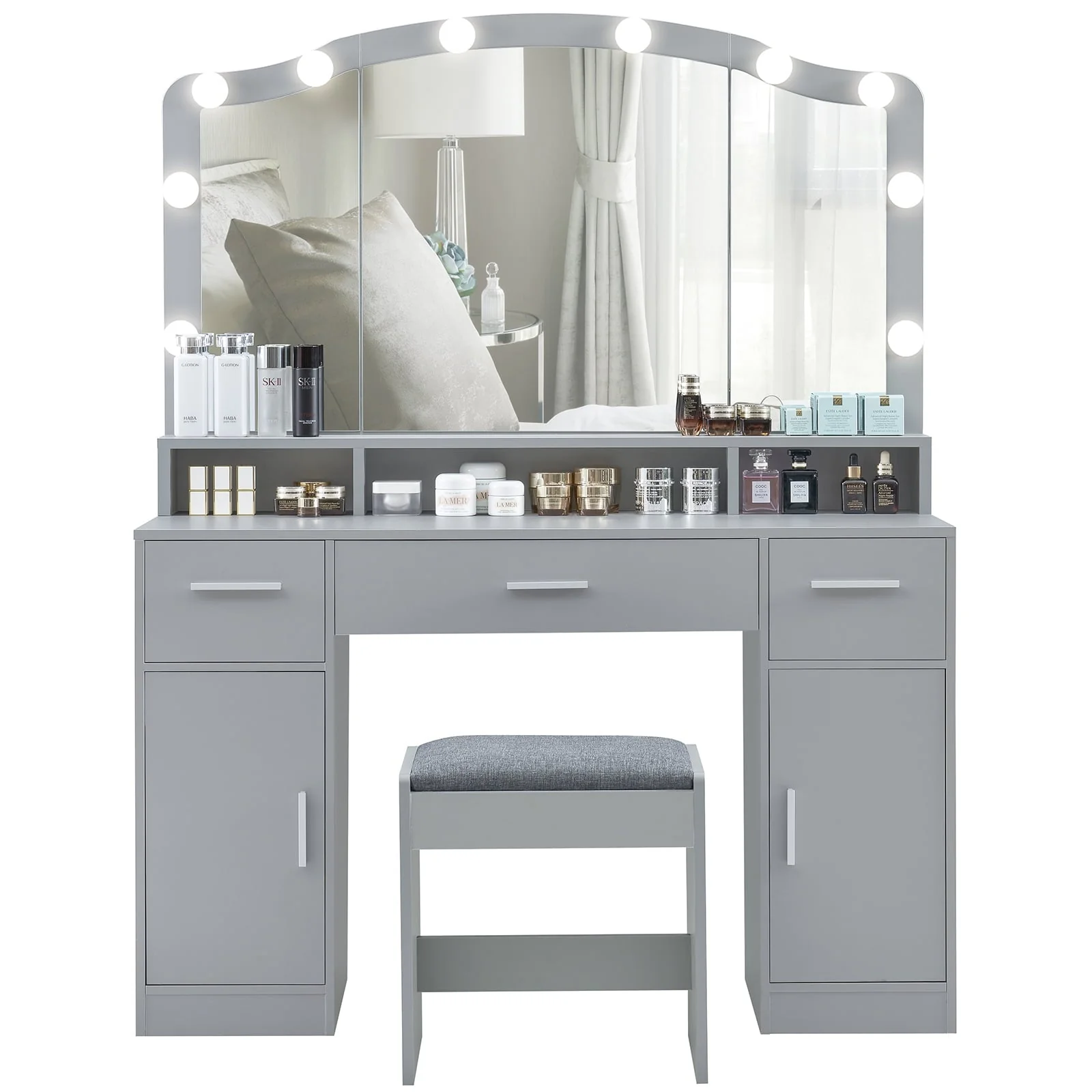 USIKEY Large Vanity Set with Large Lighted Mirror, Modern Makeup Vanity Table with 3 Drawers, 2 Storage Cabinets 10 LED Bulbs and Cushioned Stool for Women, Bedroom, WhiteSZT32WD(Gray)