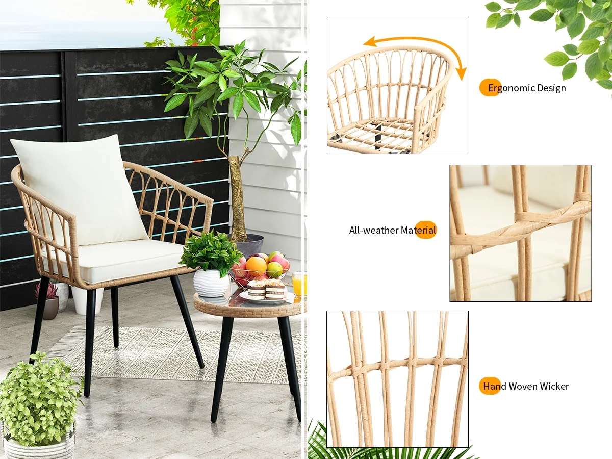3 Piece Patio Bistro Set, Outdoor Wicker Apartment Balcony Furniture Sets, Rattan Table and Chairs Set of 2 for Porch Backyard Lawn Poolside Deck, Beige(3 PCS/Beige) Image 10