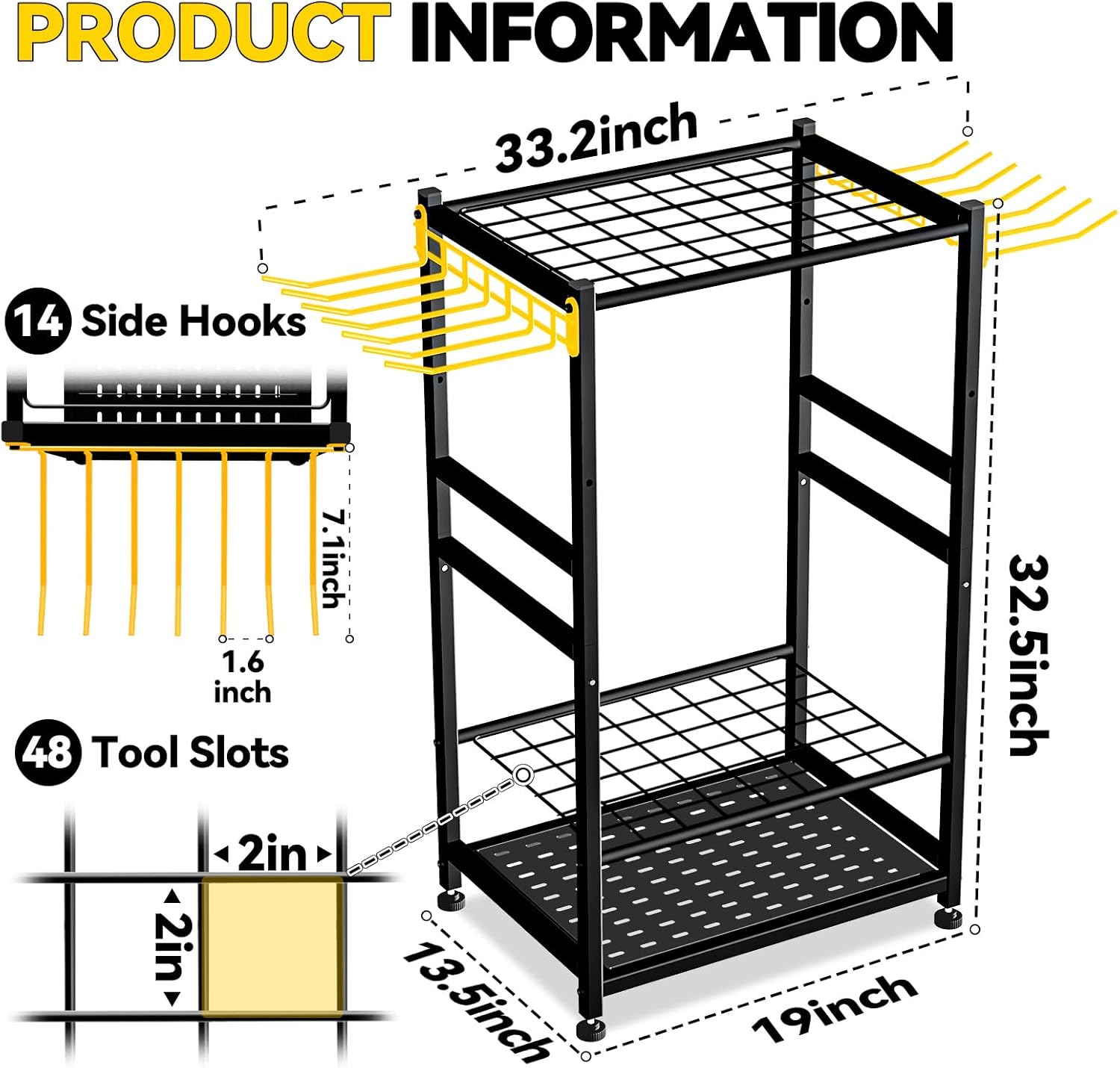 Garden Tool Organizer, Up to 48 Long Handle Tools, Garage Storage and Organization with Side Hook for Broom/Rake/Shovel/T-Handle Tool, Heavy Duty Steel Outdoor Tool Rack, Yard Tool Stand for Shed