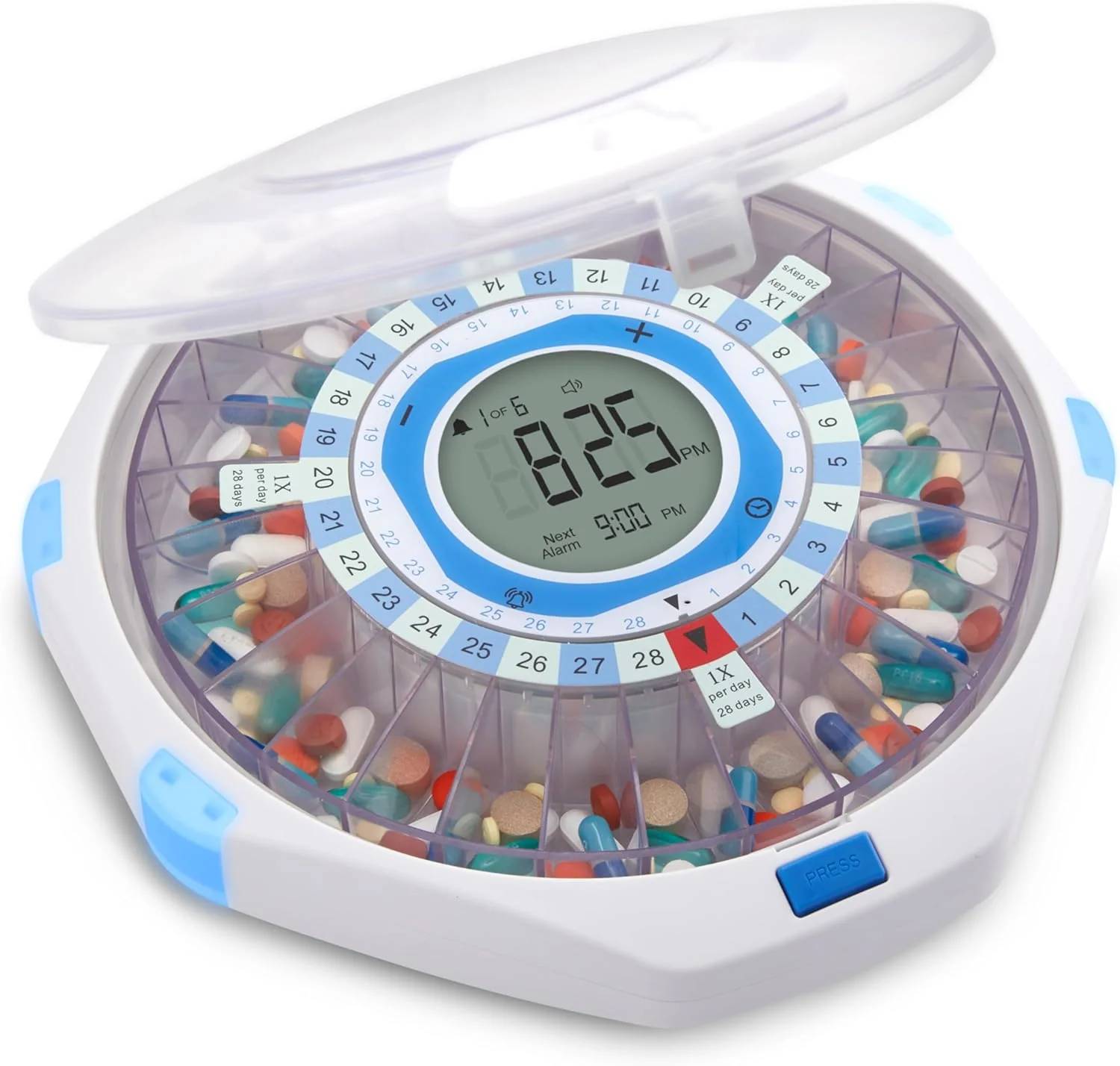 Pill Dispenser and Remote Medication Monitoring System with Locking Key, 28-Day Medication Organizer Up To 9 Doses Per, Adjustable Light/Sound Alarms For Prescriptions & Vitami