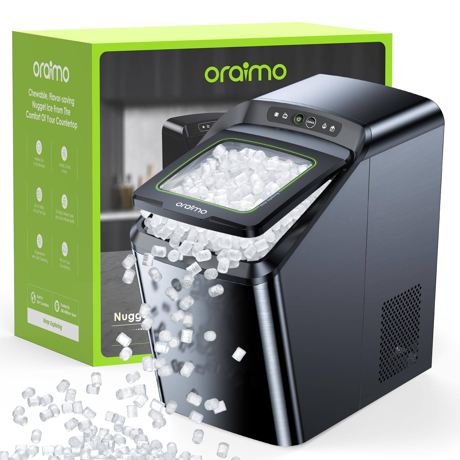 Oraimo Nugget Ice Maker, Ice Makers Countertop, 26 lbs/Day Tooth-Friendly Chewable Ice with Self-Cleaning & Auto Water Refill, Sonic Pebble Ice