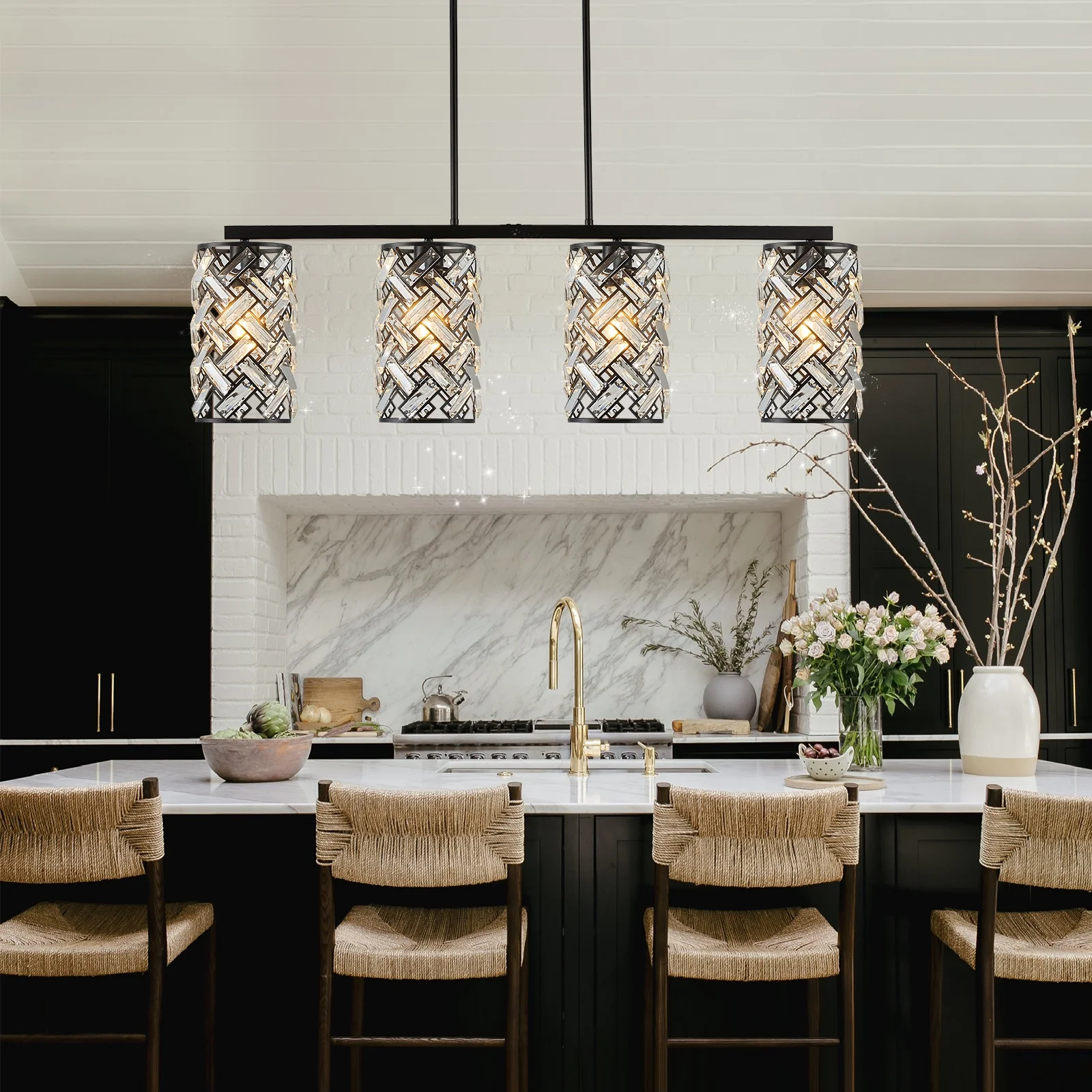 40" Crystal Kitchen Island Lighting 4 Lights Modern Black Linear Chandelier Dining Room Light Fixture Over Table Luxury Ceiling Pendant Light Fixture