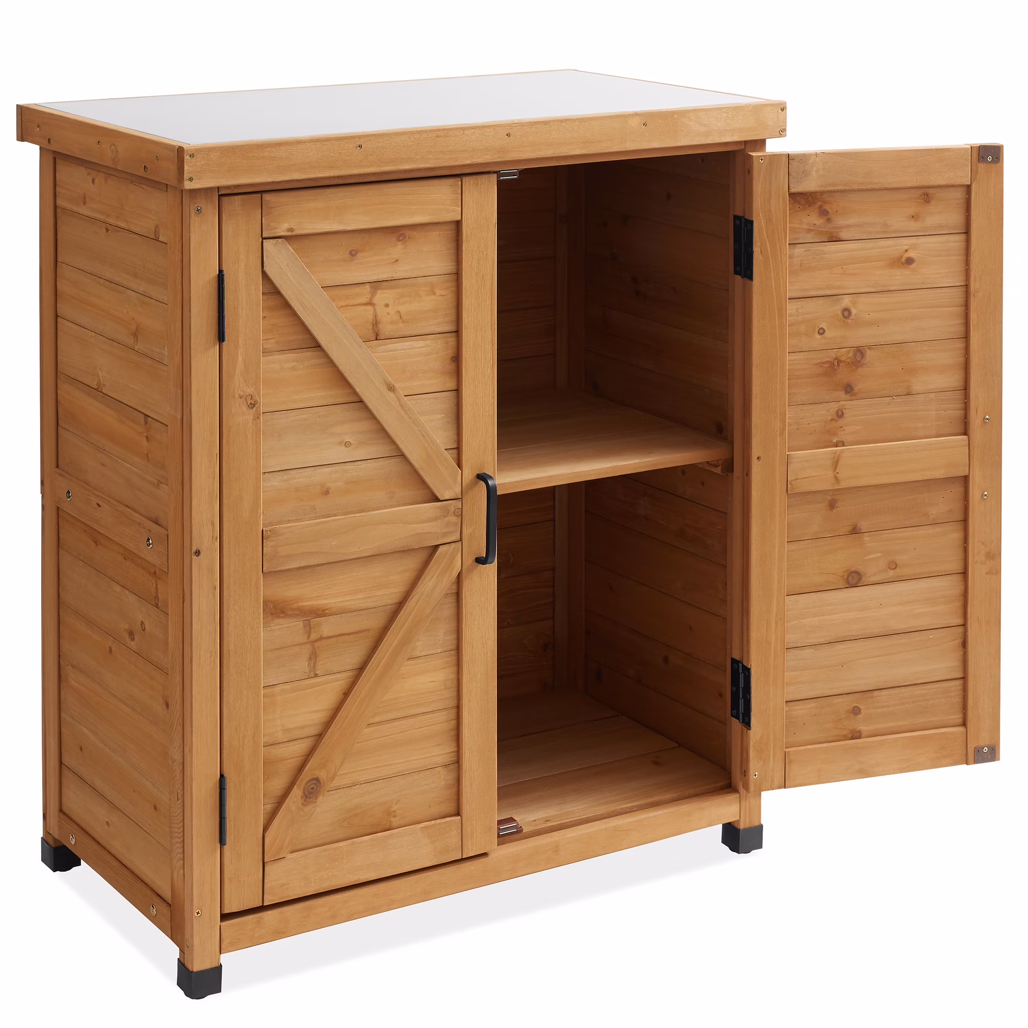 Outdoor Storage Cabinet and Potting Bench with Metal Tabletop and Storage Cabinet Wooden Outdoor Garden Patio Workstation Table, Gray(Gray) Image 3