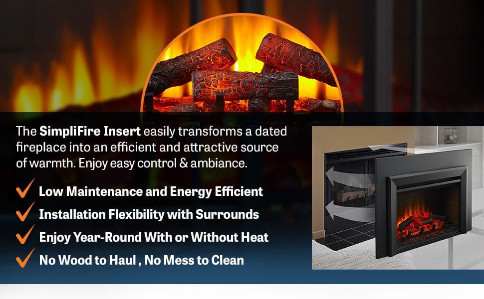 SimpliFire 35-Inch Electric Fireplace Insert, Large Black Surround, 44