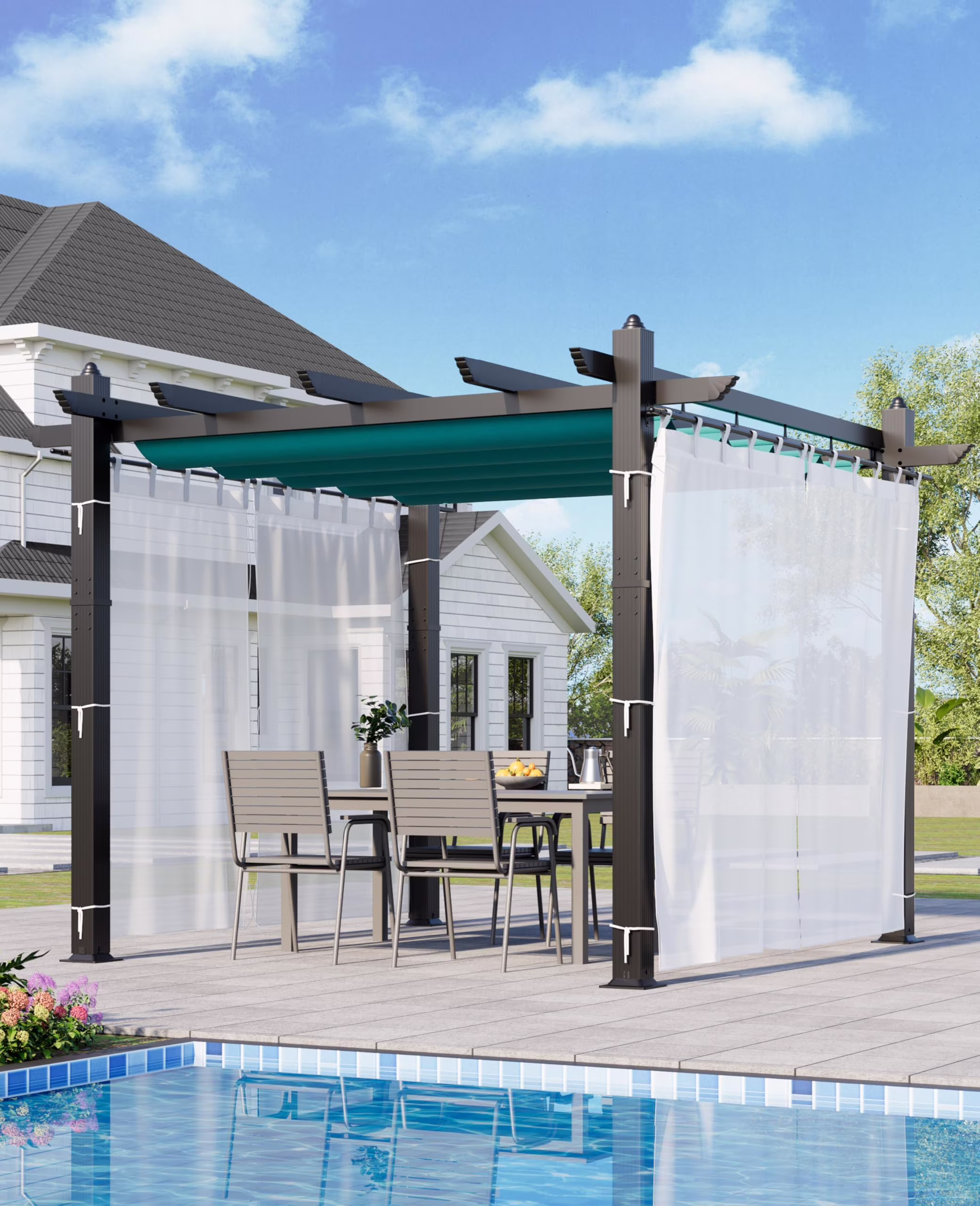Luku 10x13 Ft Outdoor Retractable Pergola with Canopy and Side Mesh Screen, Upgraded Gray Post Aluminum Pergola for Deck, Backyard Garden, Porch, Grape Trellis