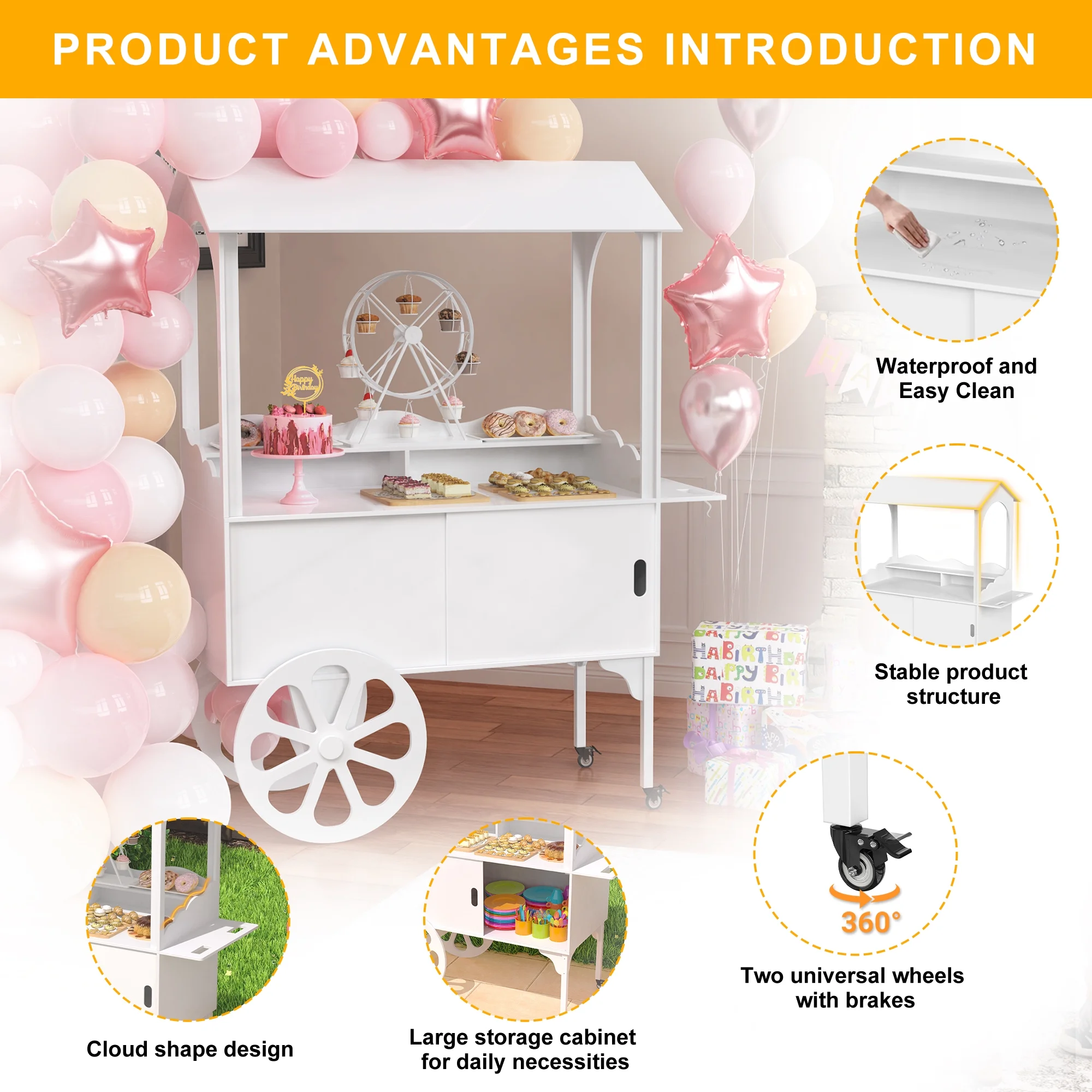 Candy Cart with Wheels for Party,Wood Dessert Cart with Storage Cabinet - Image 7