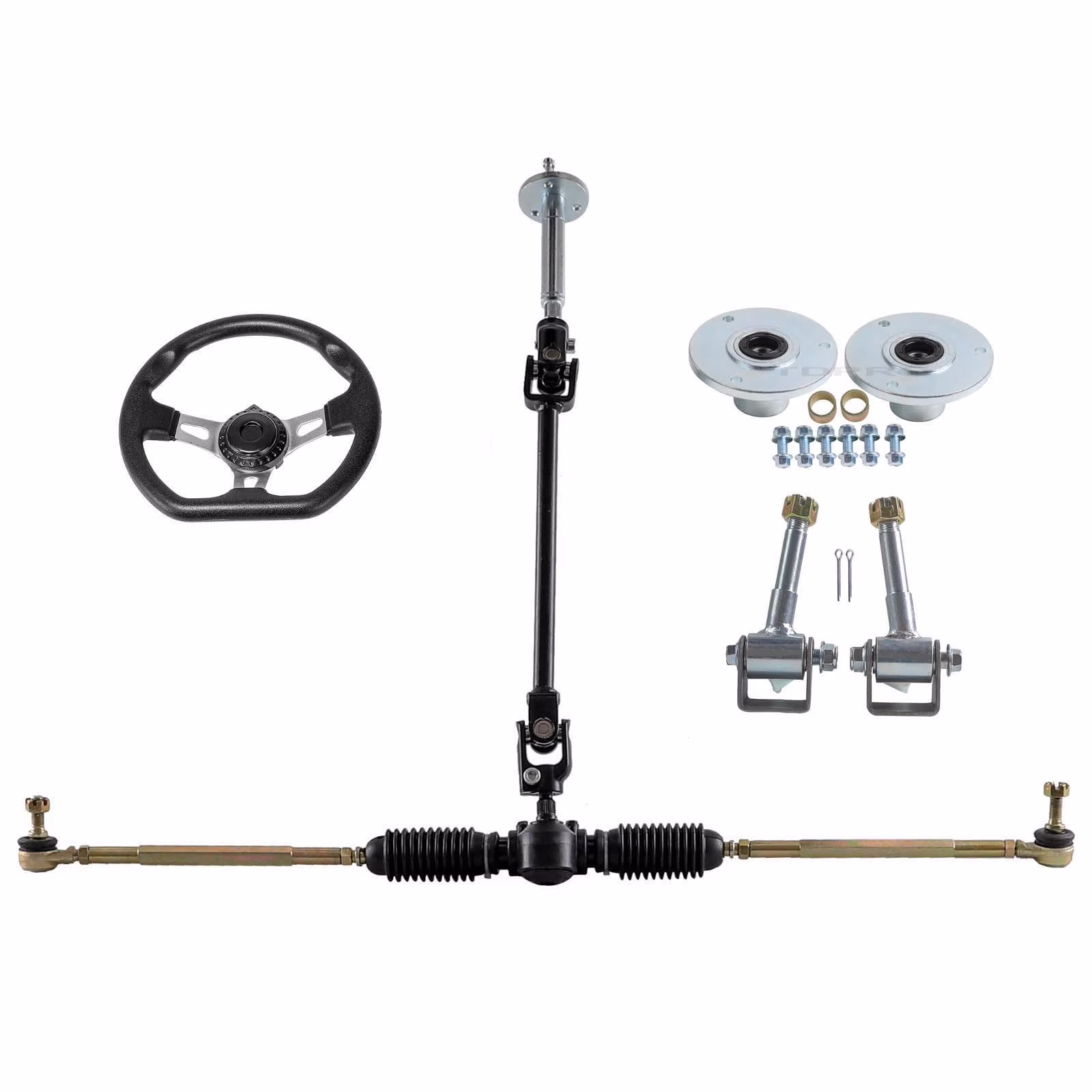 Steering Wheel Kit, Front Steering Gear Rack Joint Tie Rod & Wheel Assembly, Front Axle Kit Front Steering Assy Go Kart Drift Trike Tie Rod Wheel Hubs Ball Joint for DIY ATV Quad Go Kart Cart