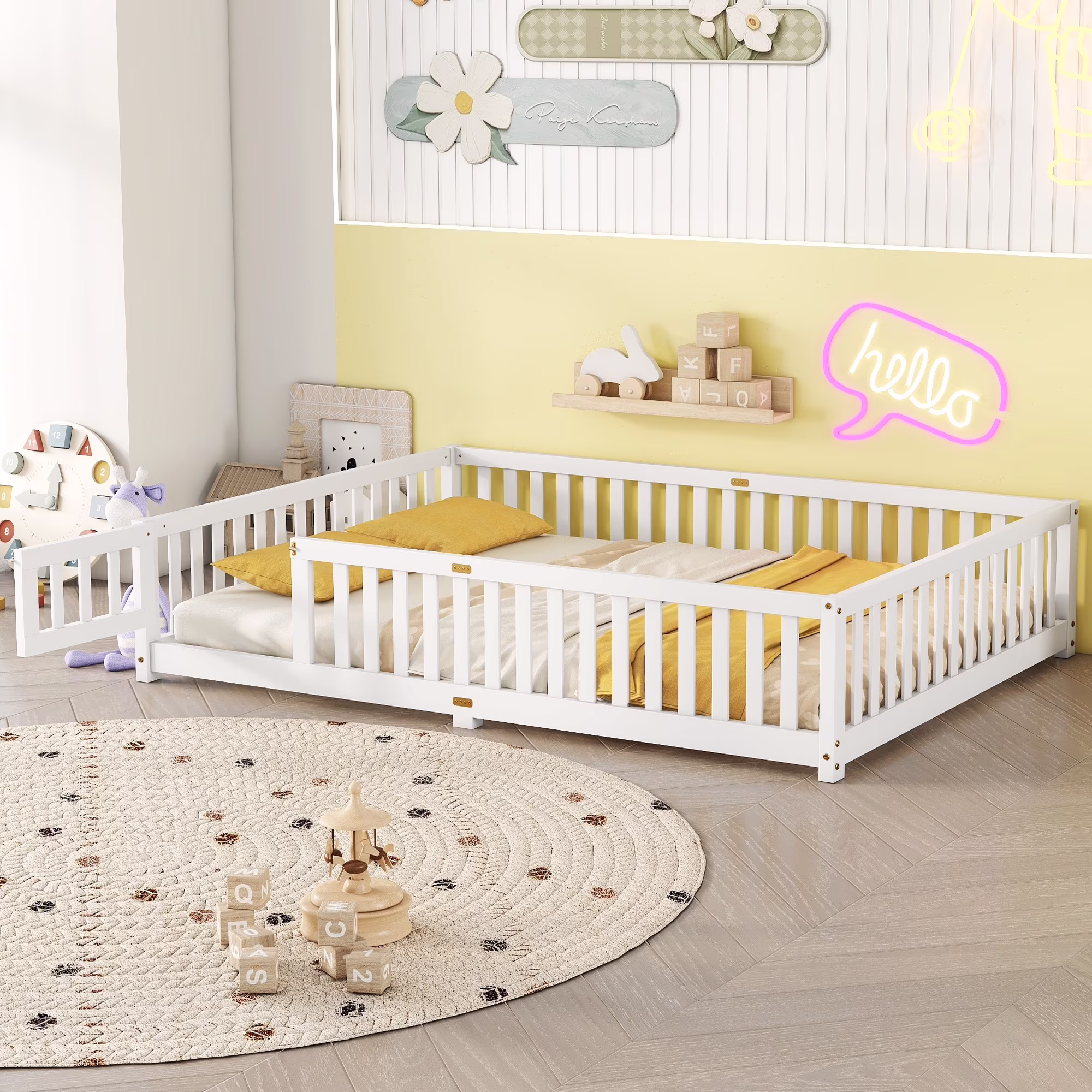 Twin Size Bed Floor Bed with Safety Guardrails and Door for Kids Toddlers, Natural(Twin/Natural) - Image 3