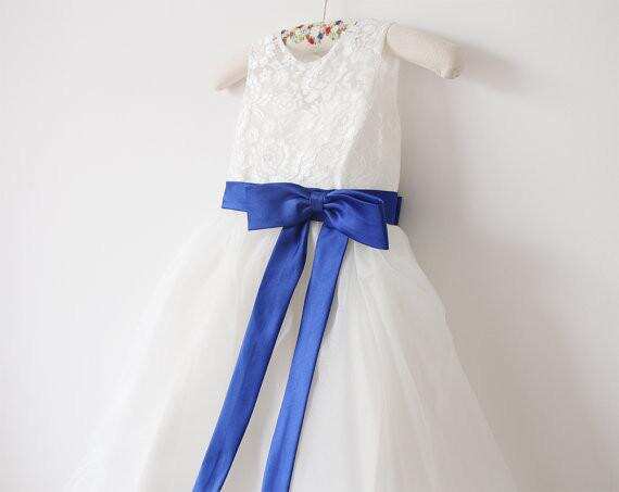 Light Ivory Lace Tulle Flower Girl Dress With Royal Blue Sash/Bows Sleeveless Floor-length DM215