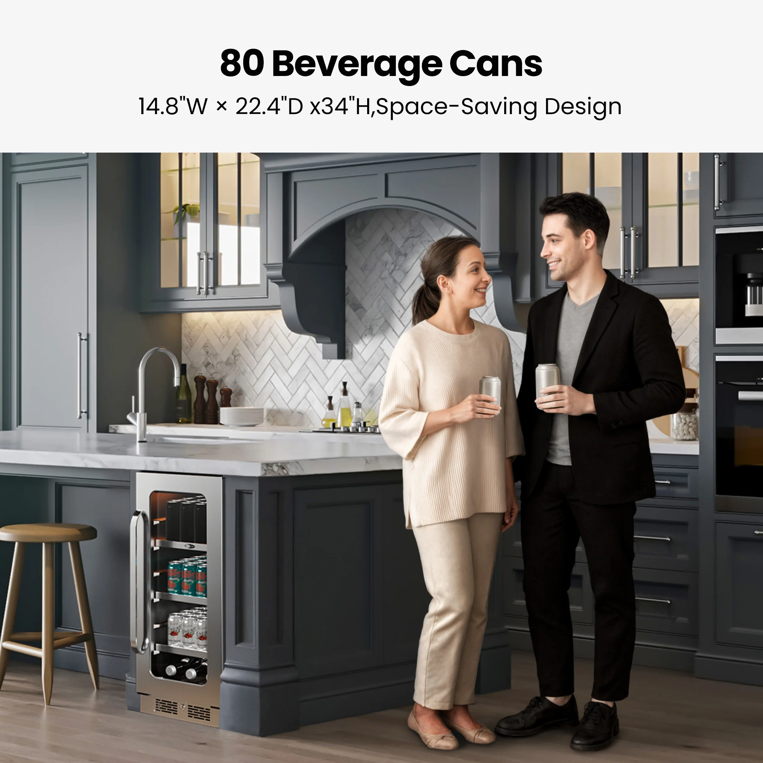 15 Inch Beverage Refrigerator Cooler 80 Can Mini Fridge with Glass Door for Soda Beer, 3 LED Compressor Fridge for Home Office Bar(3.0 cu.ft) - Image 6