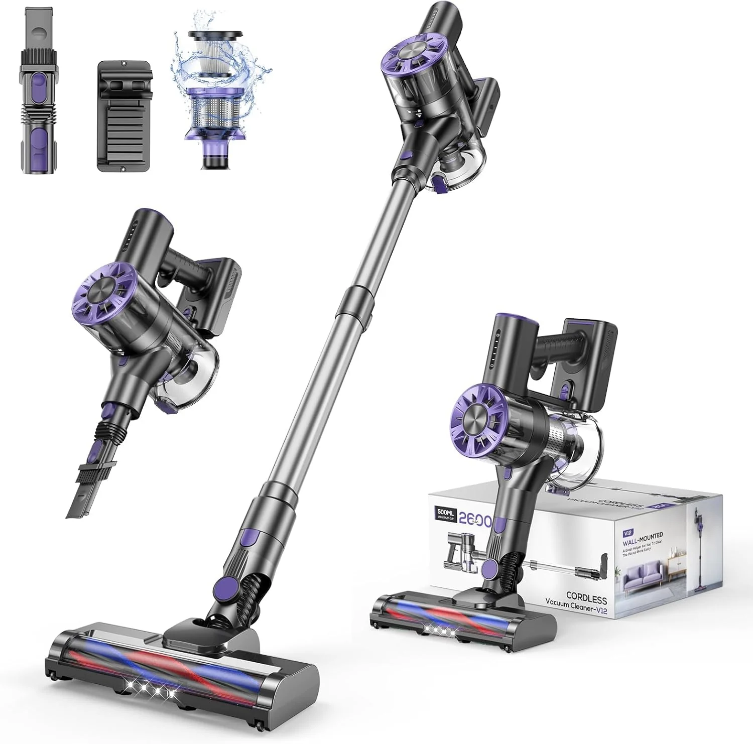 Aspirateur balai sans fil pour la maison, puissant et léger, 4 en 1, 80 000 tr/min, 2 niveaux d'aspiration réglables, autonomie maximale de 40 minutes, batterie rechargeable 2 600 mAh (rouge vif).