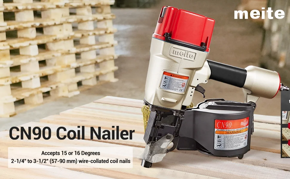 MEITE CN90  Industrial Coil Siding Nailer 15 Degree 2-1/4 to 3-1/2 Pneumatic Coil Nail Gun with Aluminum Housing