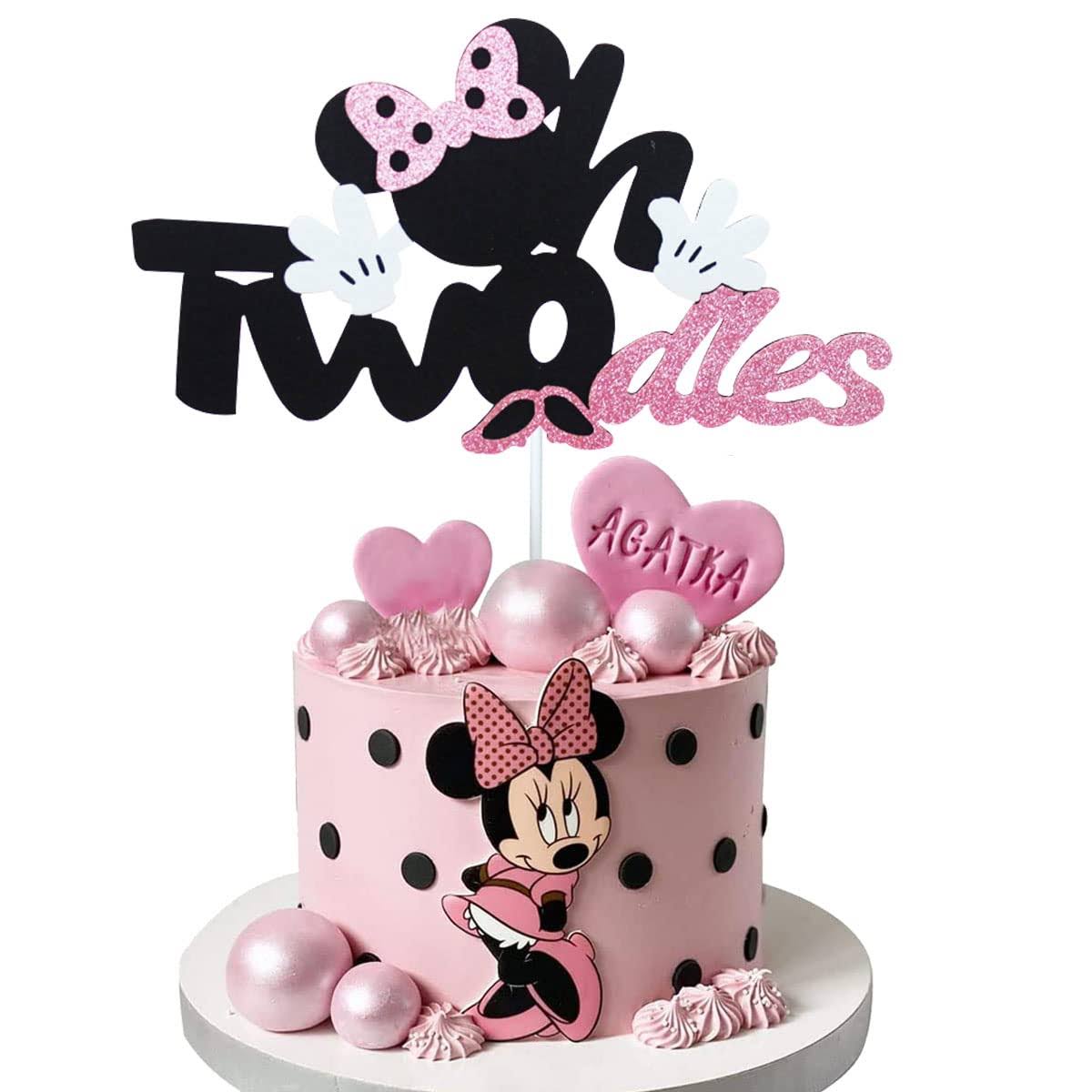 Pink Mouse Birthday Cake Topper,glitter Pink Bow Mouse Happy Birthday Cake Decoration for Mouse Baby Shower Girl Birthday Party Supplies