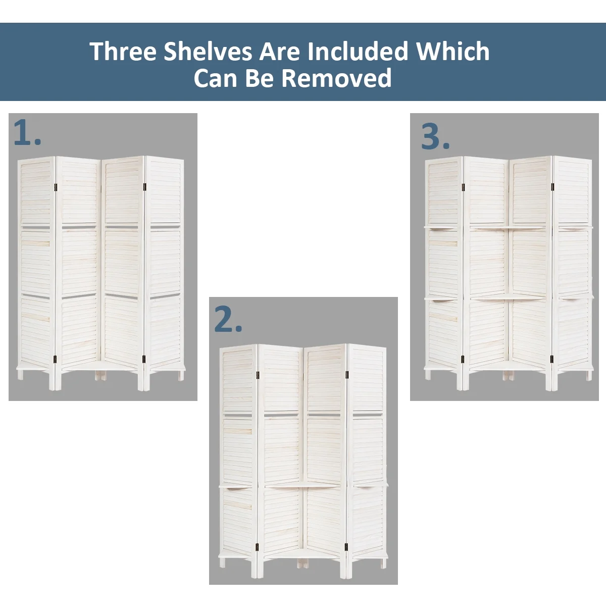 4 Panel Folding Room Divider Screen W/3 Display Shelves 5.6 Ft Tall(White) - Image 9