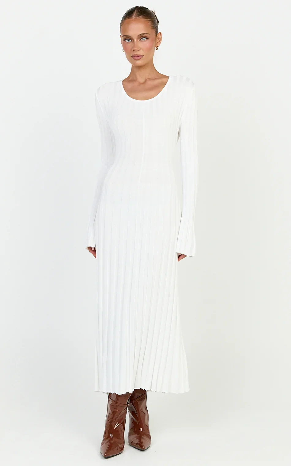 Blaire Midi Dress - Long Sleeve Tie Back Flare Dress in Ivory