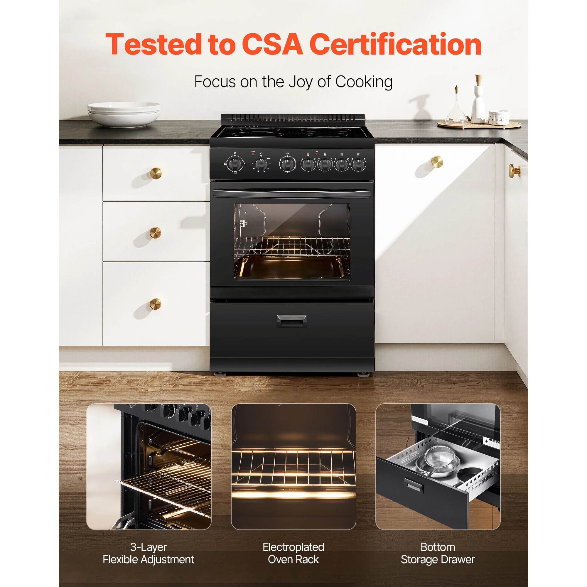 24-inch Electric Range Oven, 2.7 Cu. Ft. Compact Freestanding Design, Stainless Steel Finish, Features 4 Burners, Adjustable Racks, Storage Drawer, Drip Pan, and Indicator Light, Black - Image 6