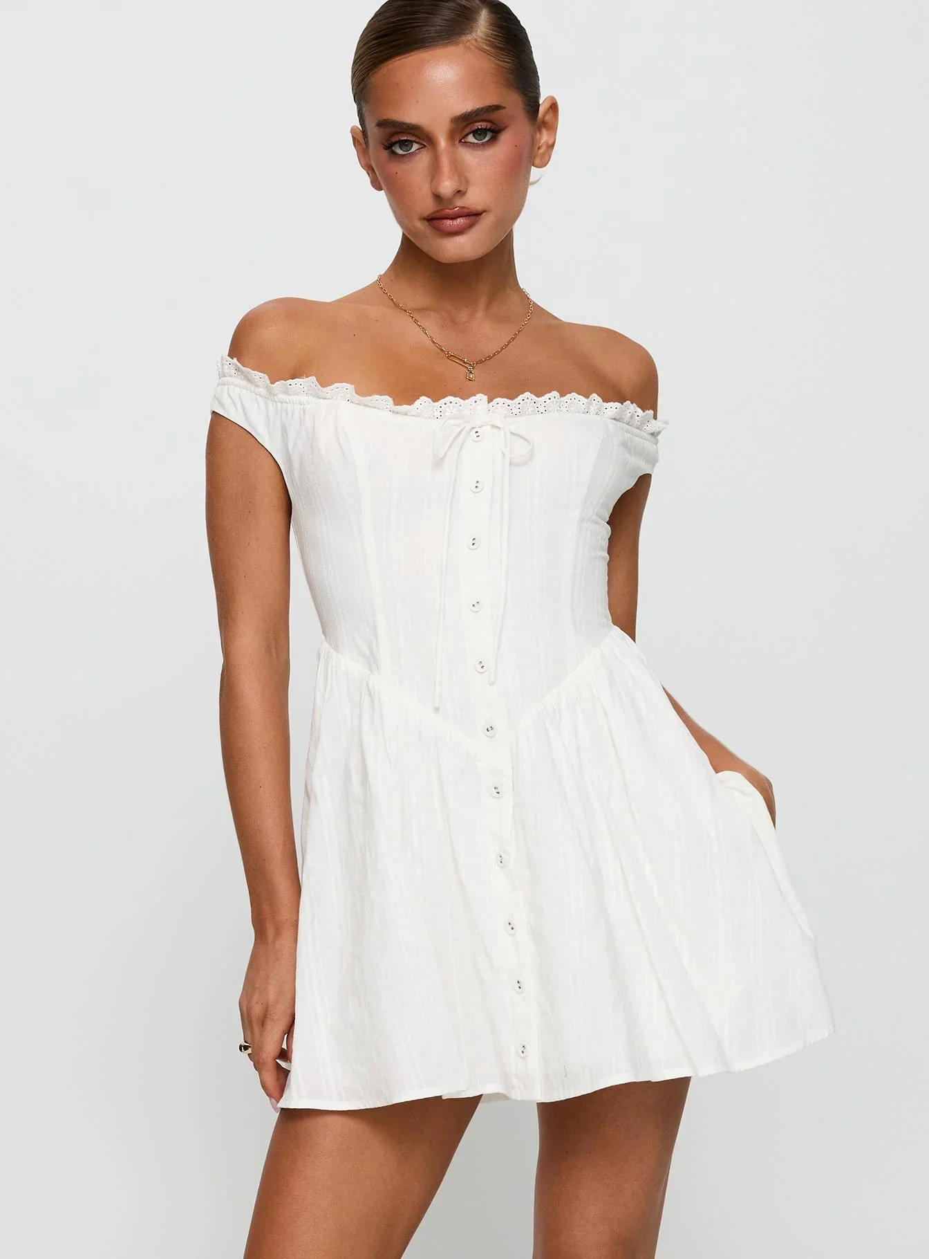 White Horse Off The Shoulder Mini Dress White