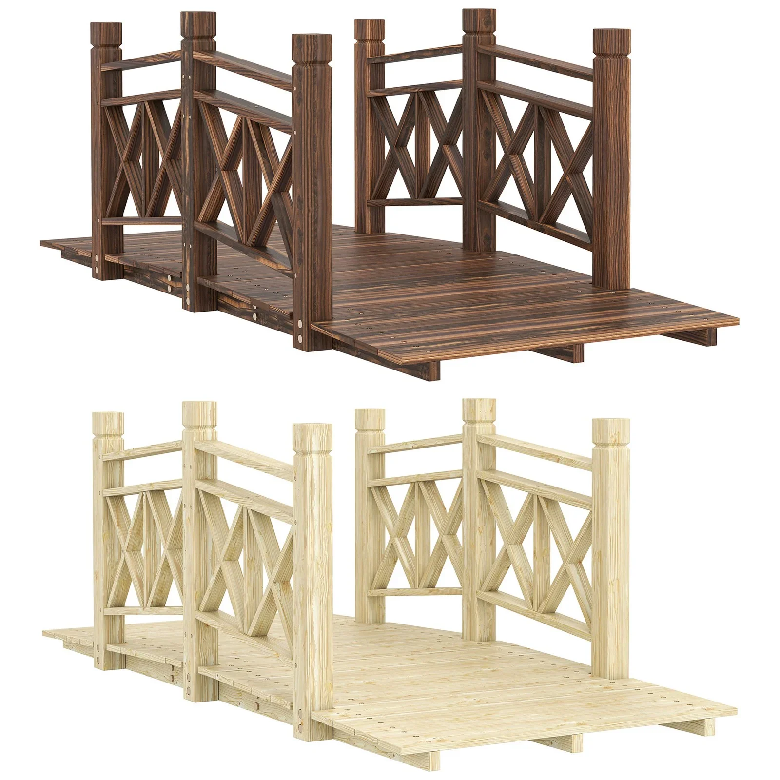 QISHENSHUI 5 ft. Sturdy Natural Wood Garden Bridge �C Premium Timber Construction with Solid Safety Handrails for Backyard Paths, Small Ponds & Garden Water Features, Carbonized