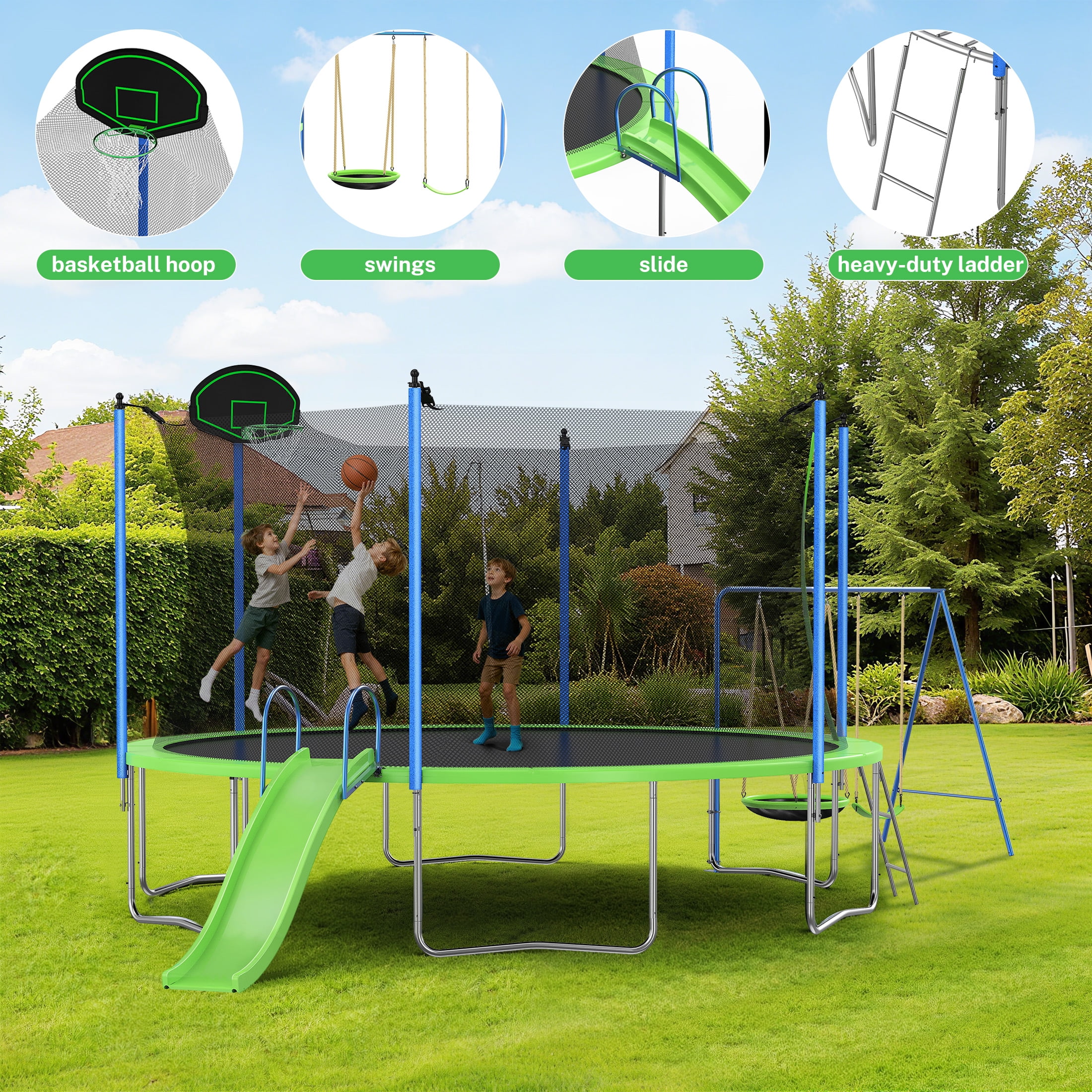 12FT Trampoline with Slide, Swings, Recreational Trampoline with Basketball Hoop and Ladder, Heavy Duty Outdoor Backyard Trampoline with Net for Kids and Adults, Green(Green-12FT) - Image 8